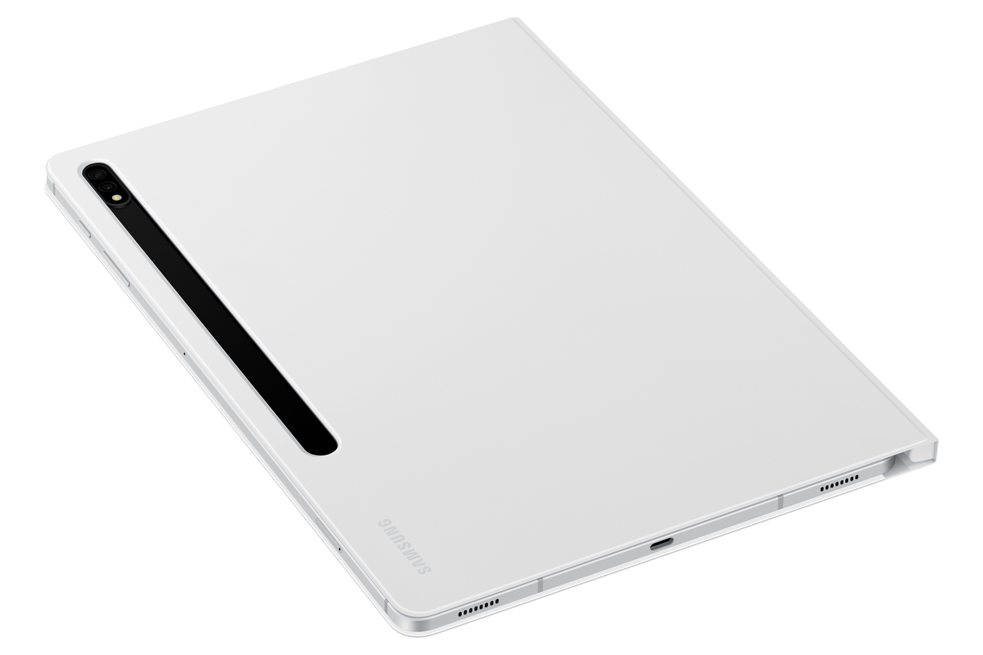 Rückseite eines weißen Samsung-Tablets mit Hülle und Stift auf schwarzem Hintergrund.