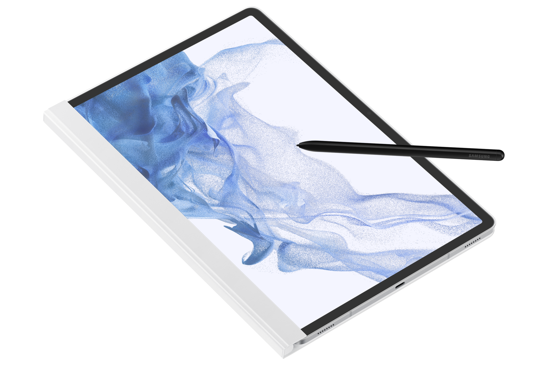 Ein weißes Tablet mit blauem Bildschirmdesign und einem schwarzen Samsung-Stift darauf vor schwarzem Hintergrund.