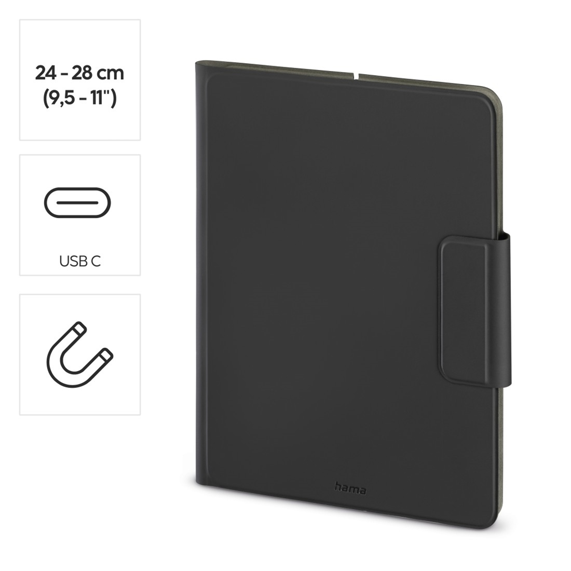 Una custodia nera per tablet con chiusura magnetica e tre icone a sinistra che indicano dimensioni, USB-C e magneti.
