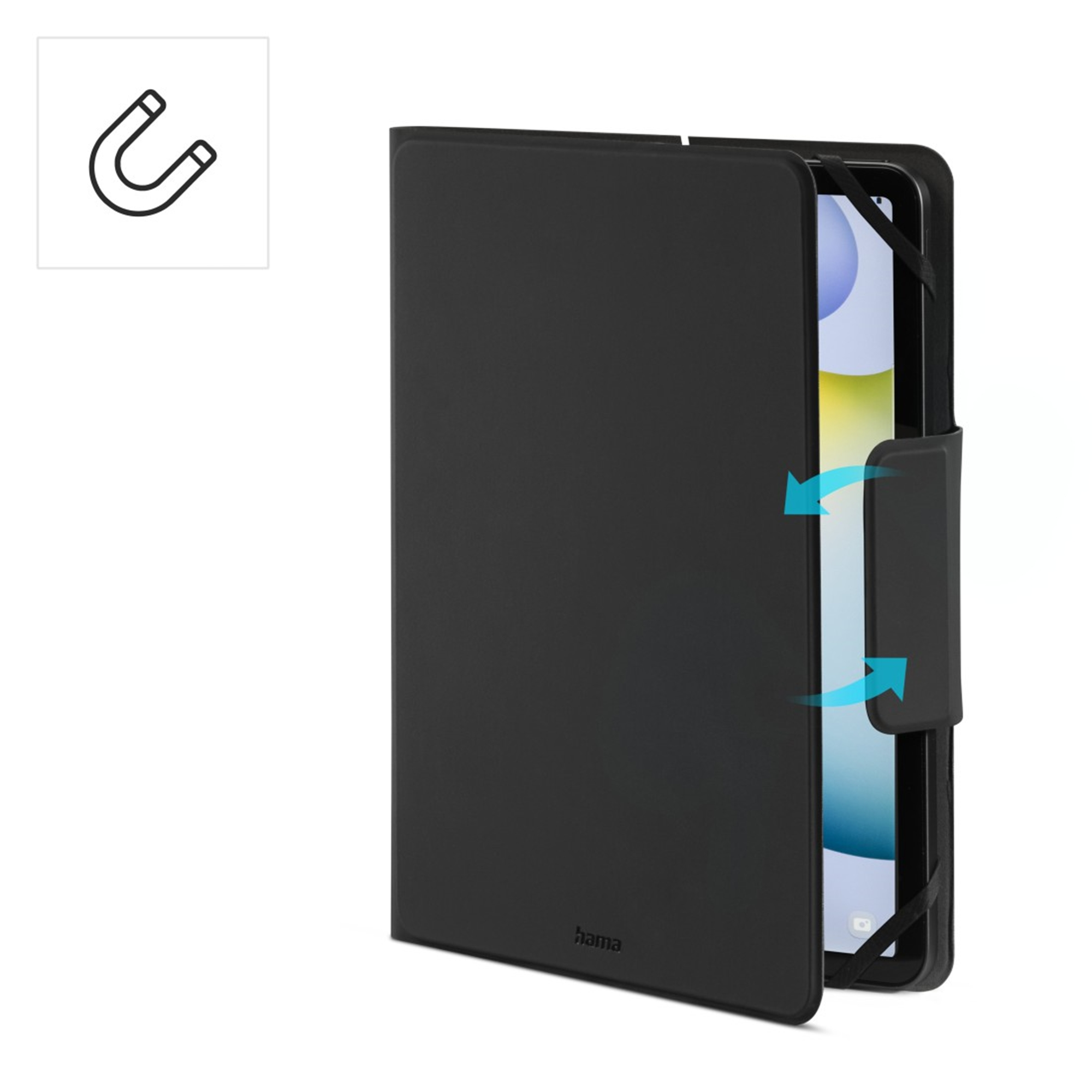 Custodia nera per tablet con chiusura magnetica su sfondo bianco e icona magnete in alto a sinistra.