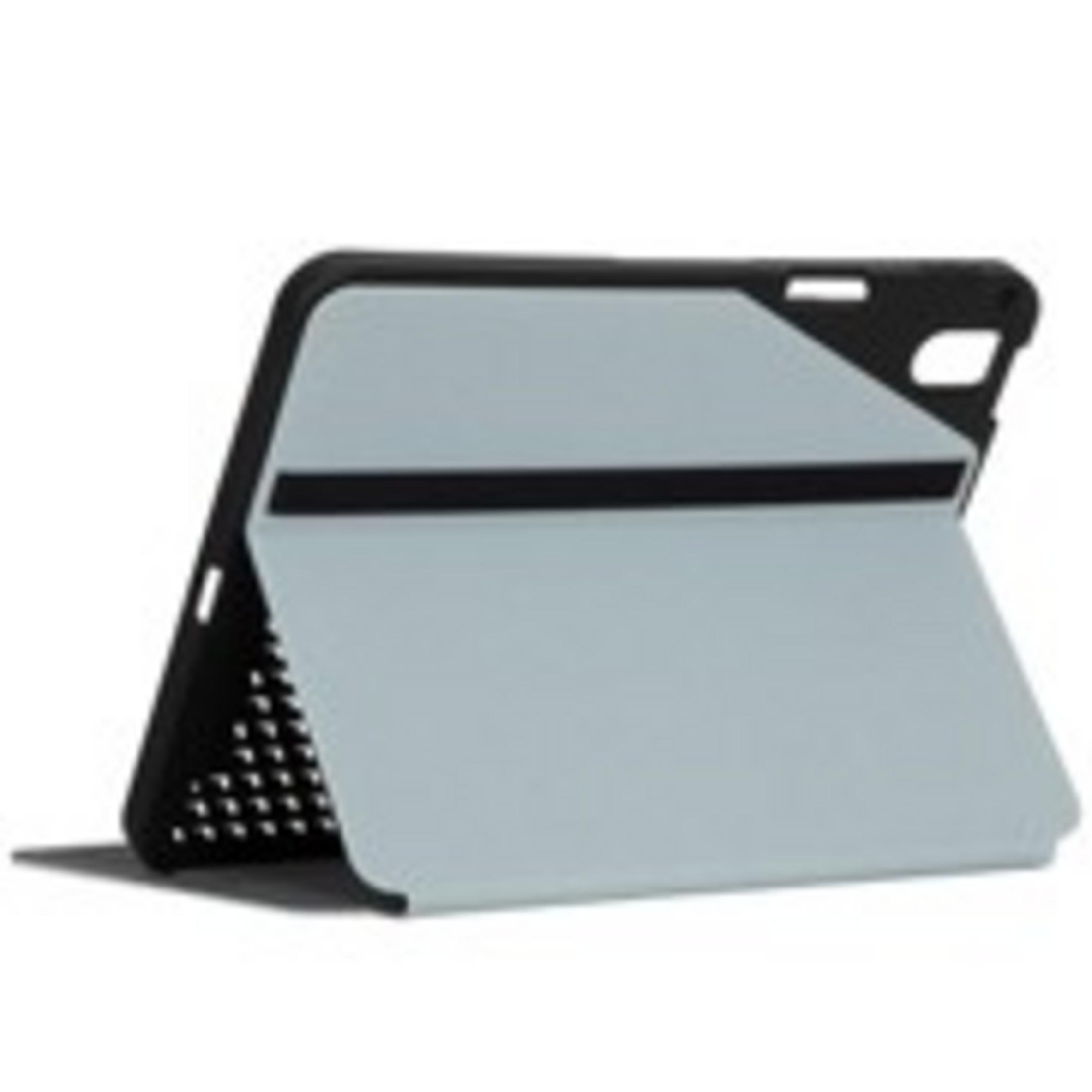 A grey tablet case with a black border stands upright on a white background.