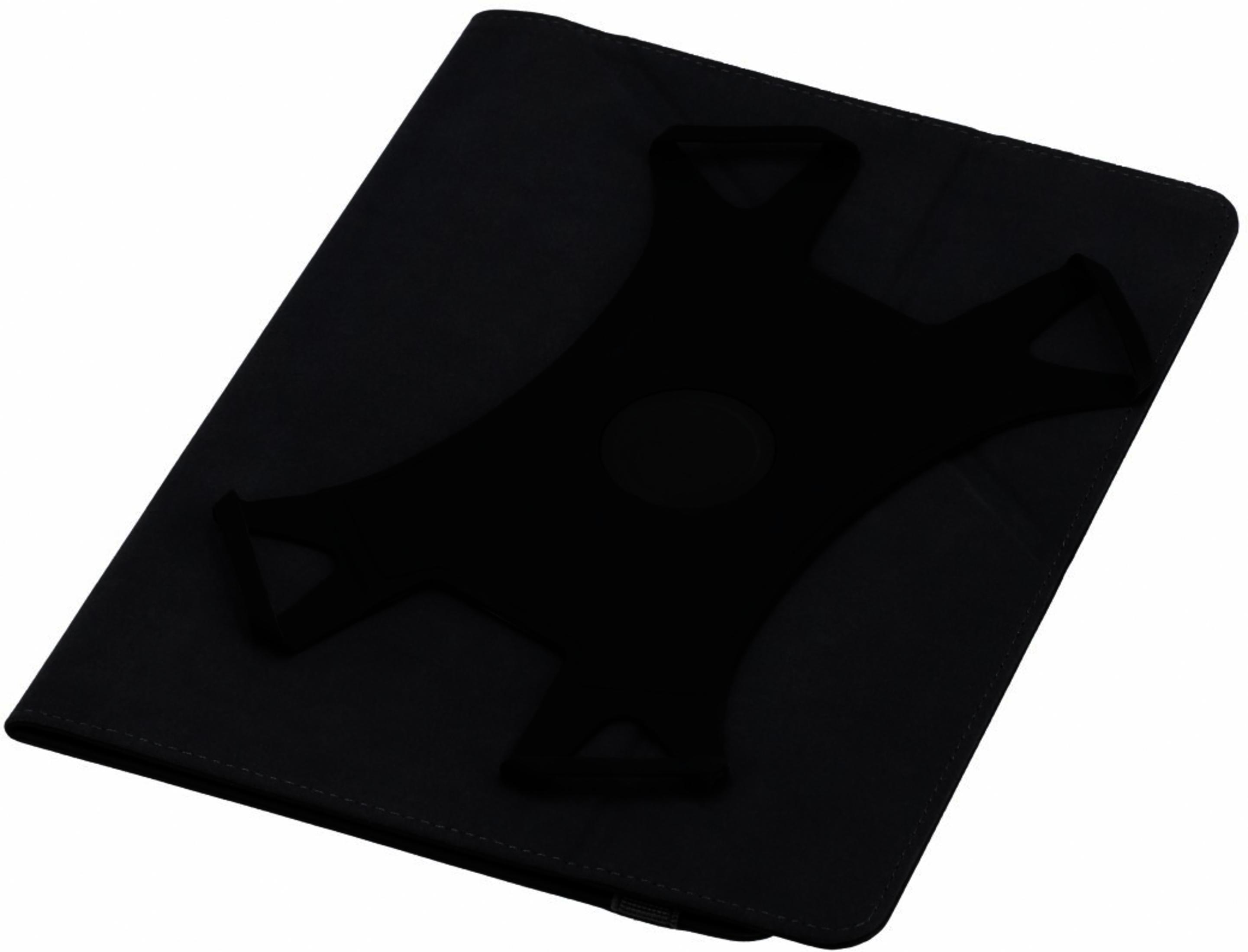 Ein schwarzes Tablettcover mit einer kreuzförmigen Halterung im Inneren auf weißem Hintergrund.