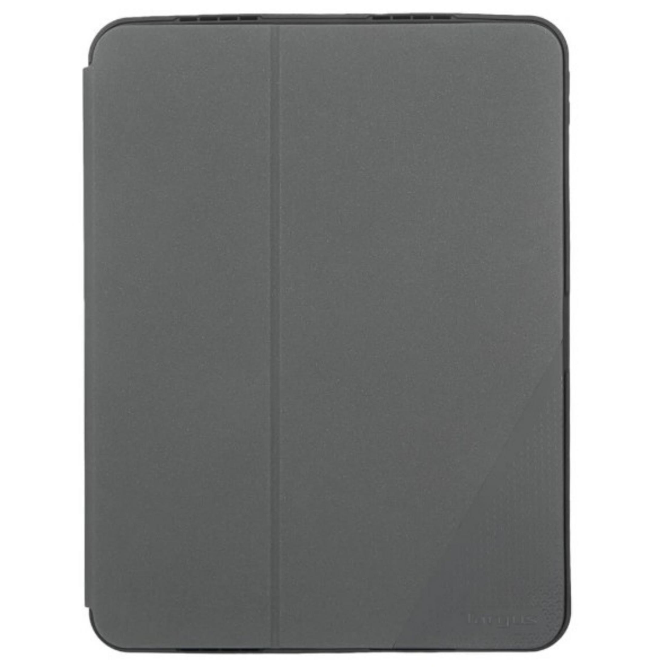 Una custodia grigia per tablet con copertina anteriore pieghevole e finitura testurizzata su sfondo bianco.