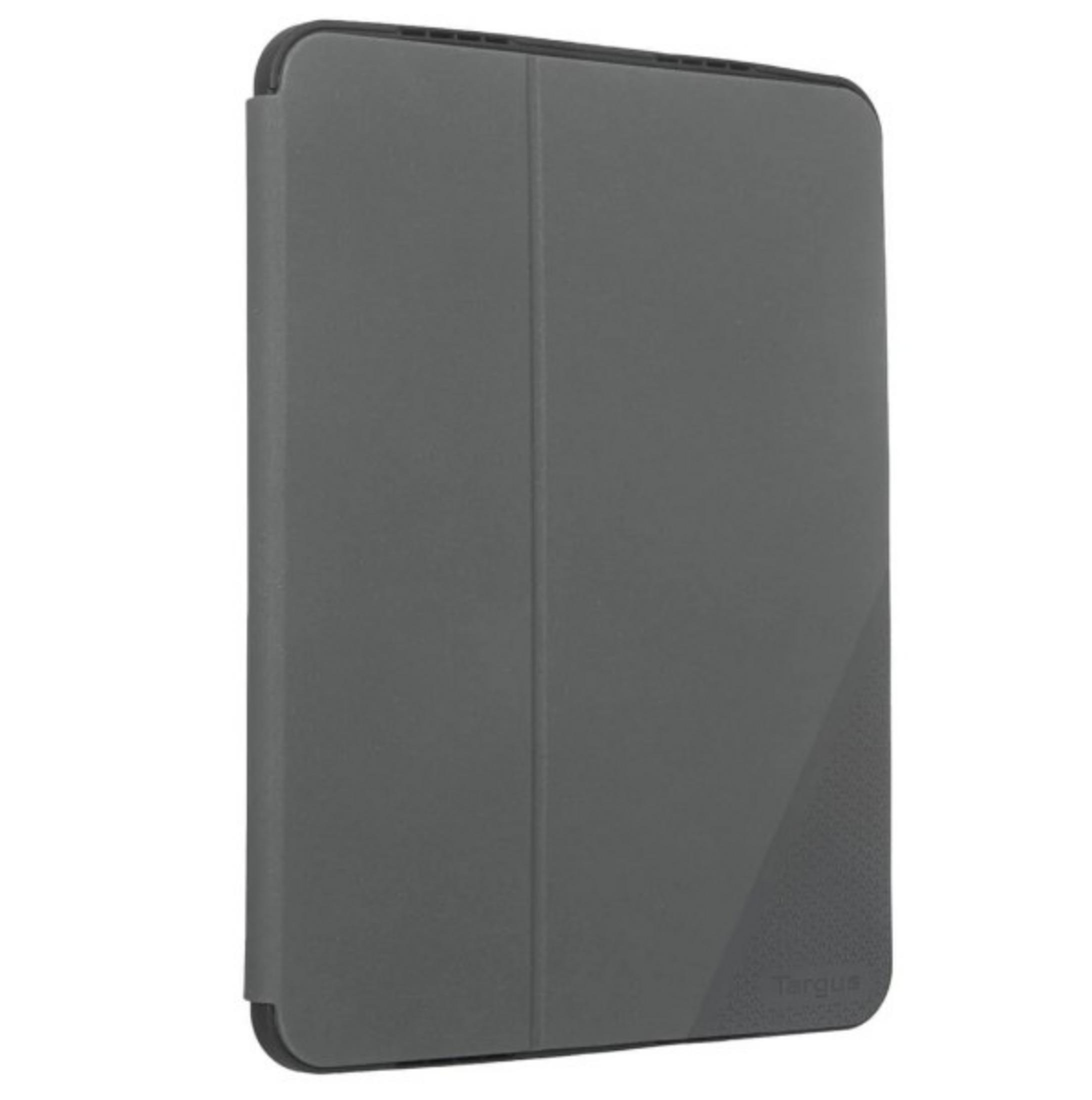 Una custodia per tablet Targus grigia in verticale su sfondo bianco.