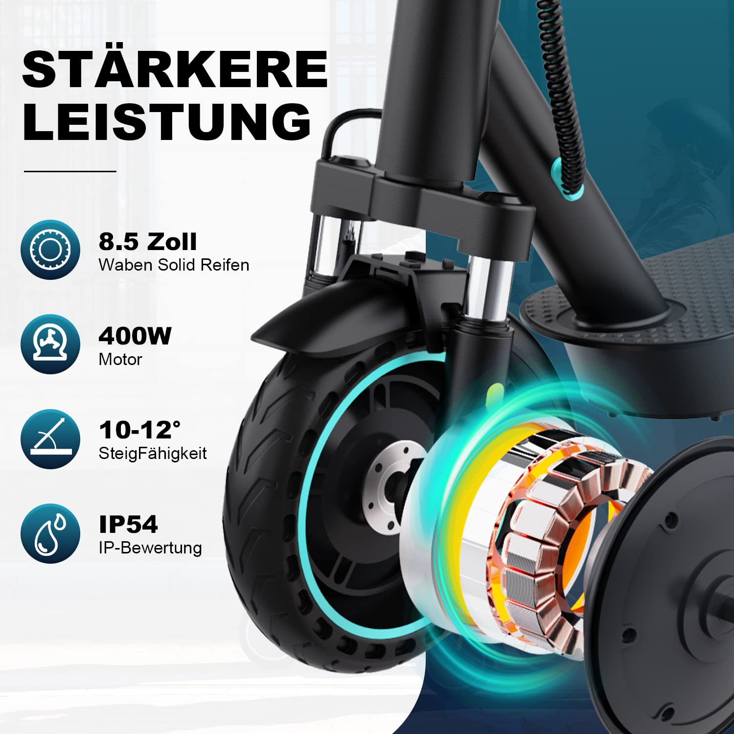 E-Scooter Vorderachse mit hervorgehobenem 400W Motor und technischen Details.