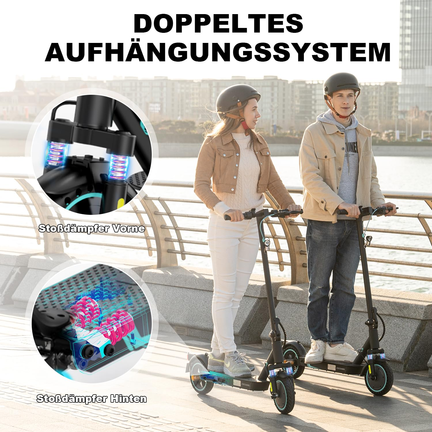 Zwei Personen mit Helmen fahren auf Elektrorollern an einer Uferpromenade, mit Insets der Stoßdämpfer.