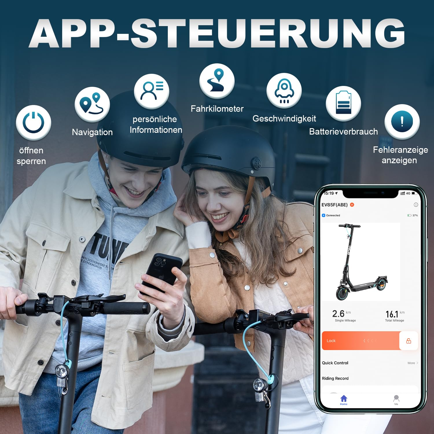 Zwei Personen mit Helmen bedienen E-Scooter per Smartphone-App mit verschiedenen Steuerungsfunktionen.