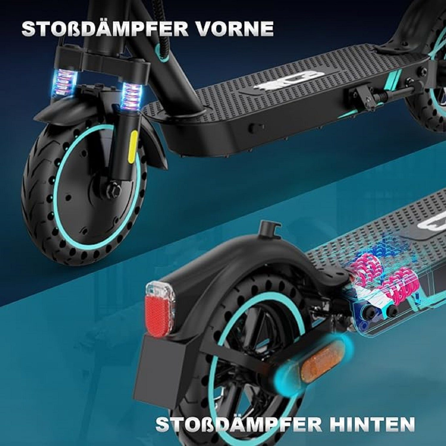 Nahaufnahme eines E-Scooters mit Hervorhebung der vorderen und hinteren Stoßdämpfer.
