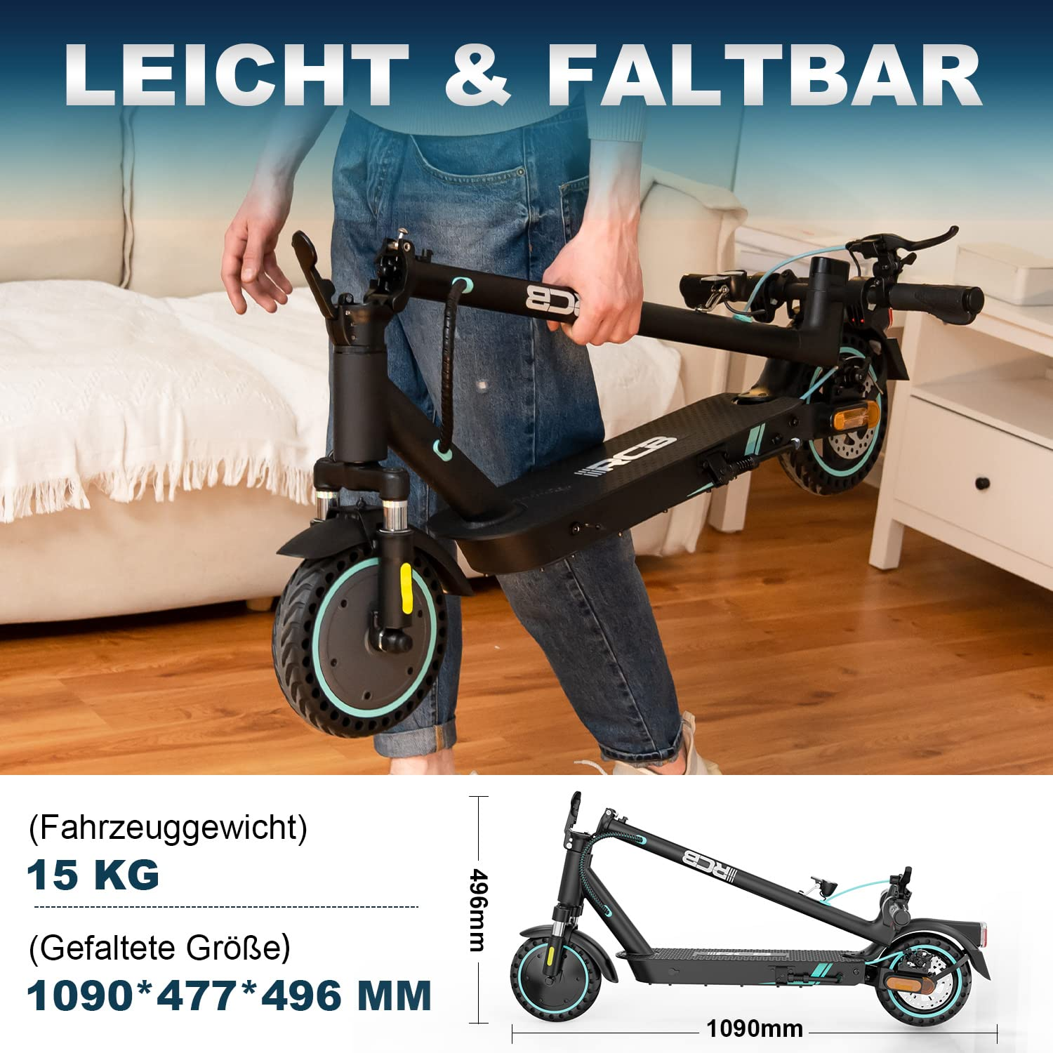 Eine Person hält einen schwarzen, faltbaren E-Scooter drinnen, mit Text und Maßen.