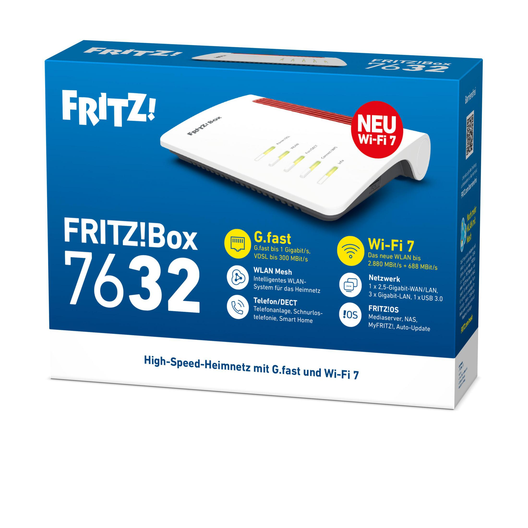 Verpackung der FRITZ!Box 7632 in Blau und Weiß mit Produktabbildung und technischen Daten.
