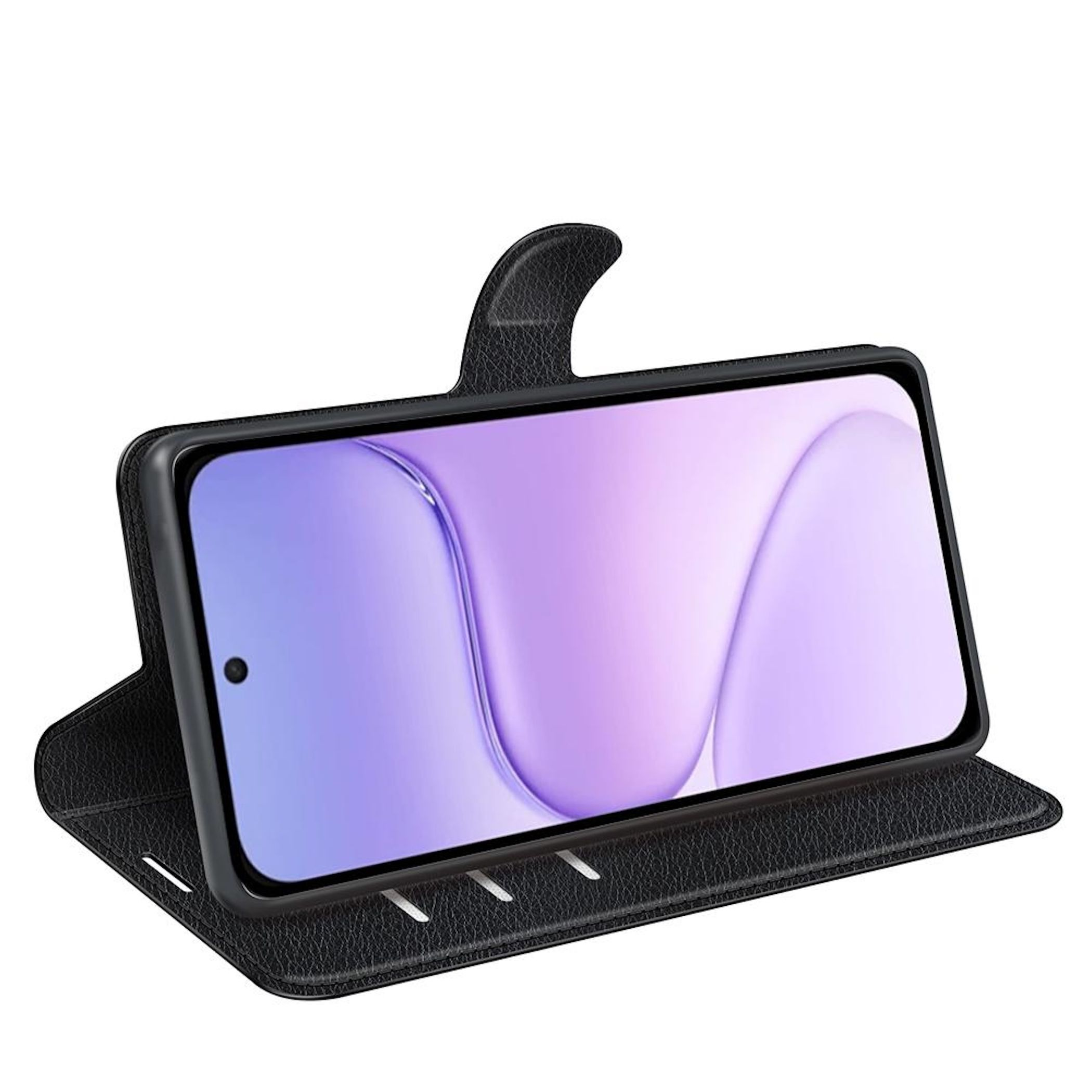 Eine schwarze Leder-Handy-Brieftasche mit Smartphone und helllila Bildschirm, isoliert auf weißem Grund.