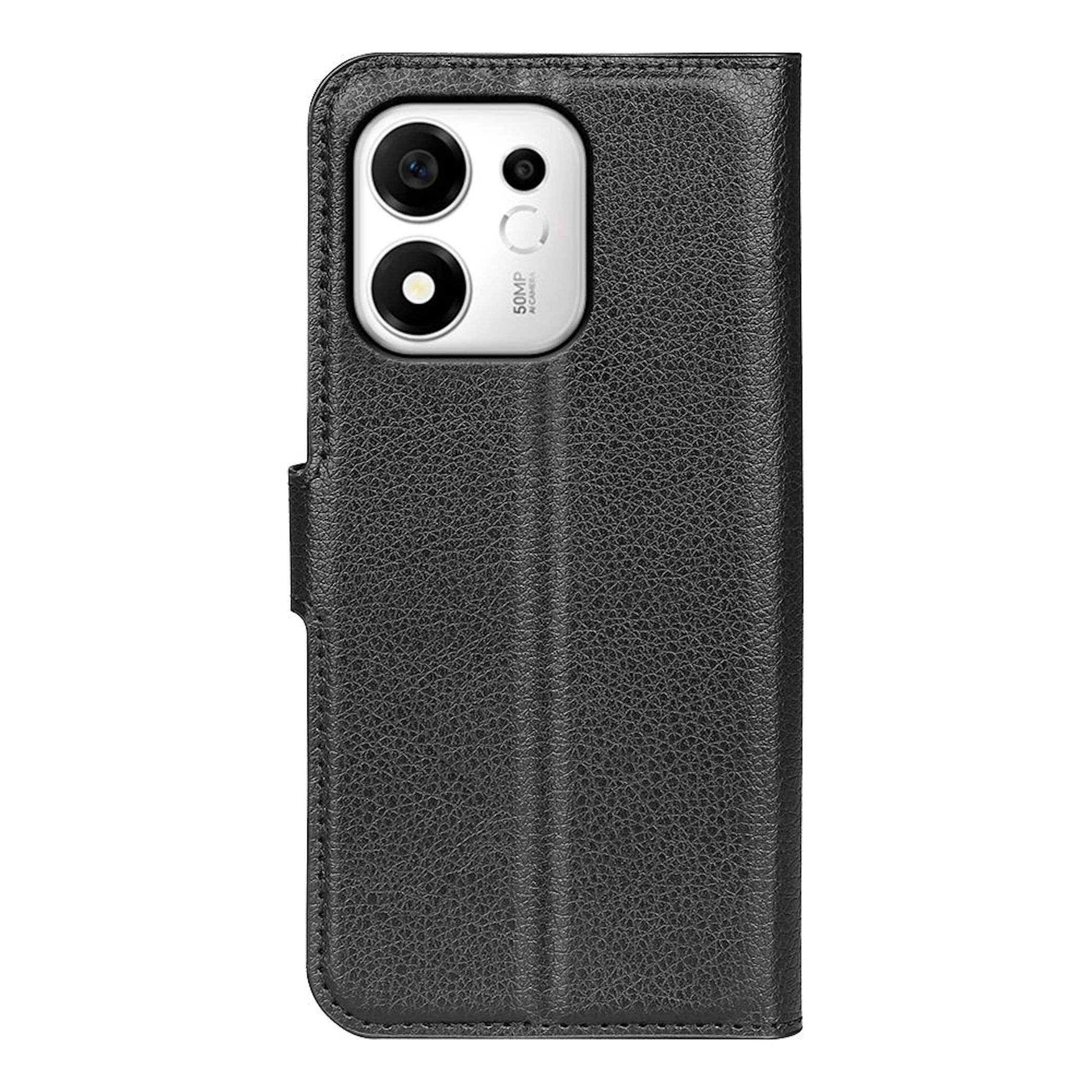 Schwarze Leder-Handyhülle mit Ausschnitt für eine rechteckige Dual-Kamera.