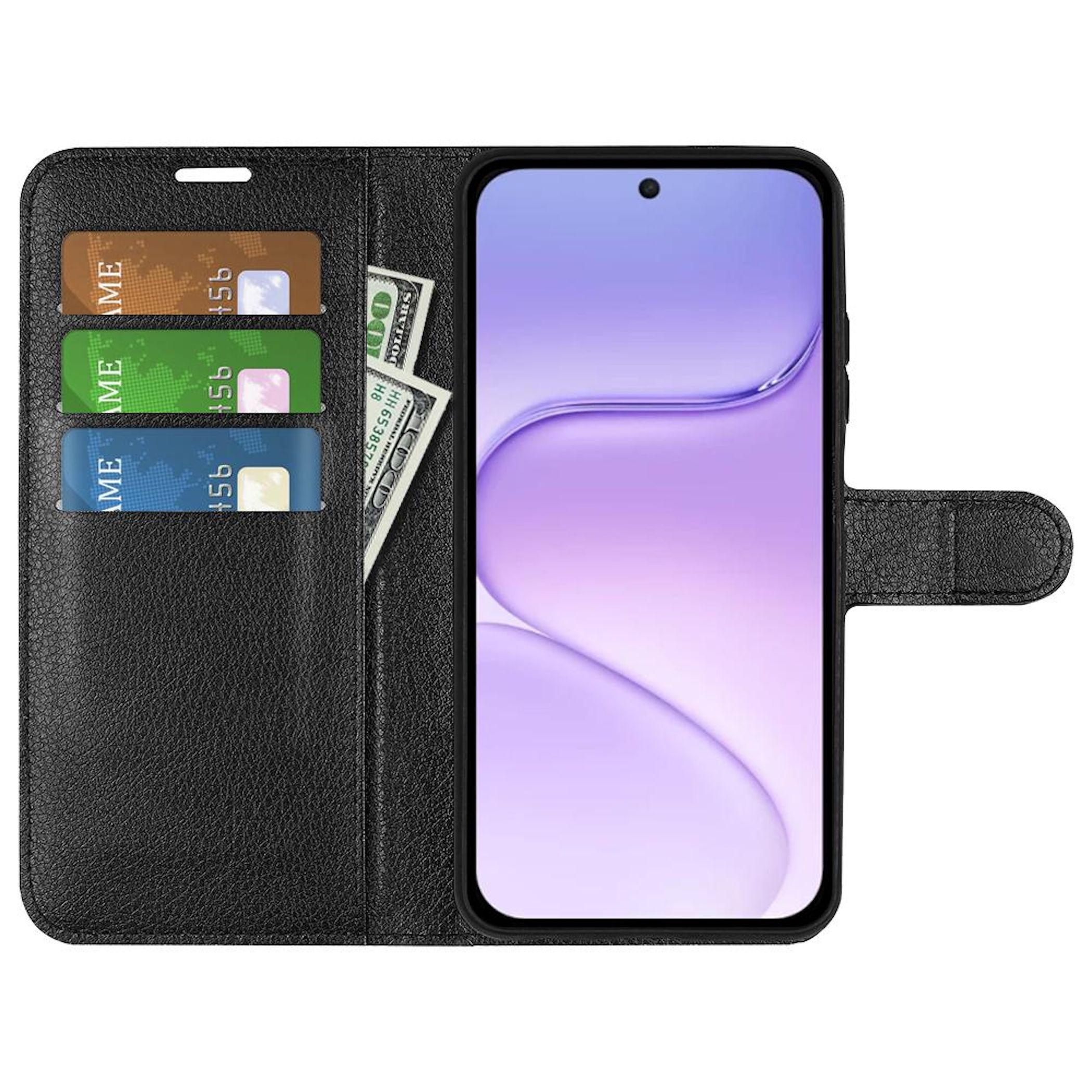 Schwarze Leder-Handyhülle mit Kartenfächern, Geldscheinen und Smartphone mit lila Hintergrund.
