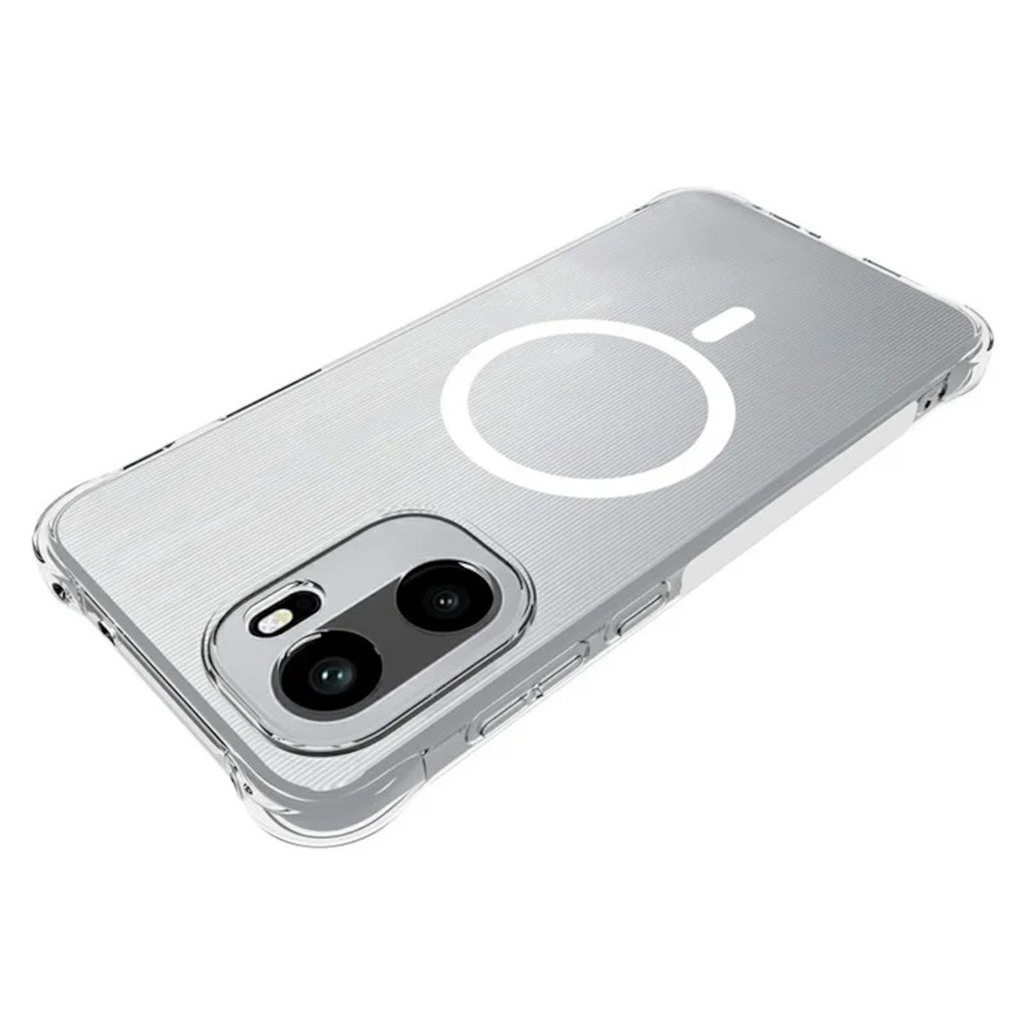 Transparente Handyhülle mit MagSafe-Ring und Dual-Kameramodul auf der Rückseite, schräg vor weißem Hintergrund.