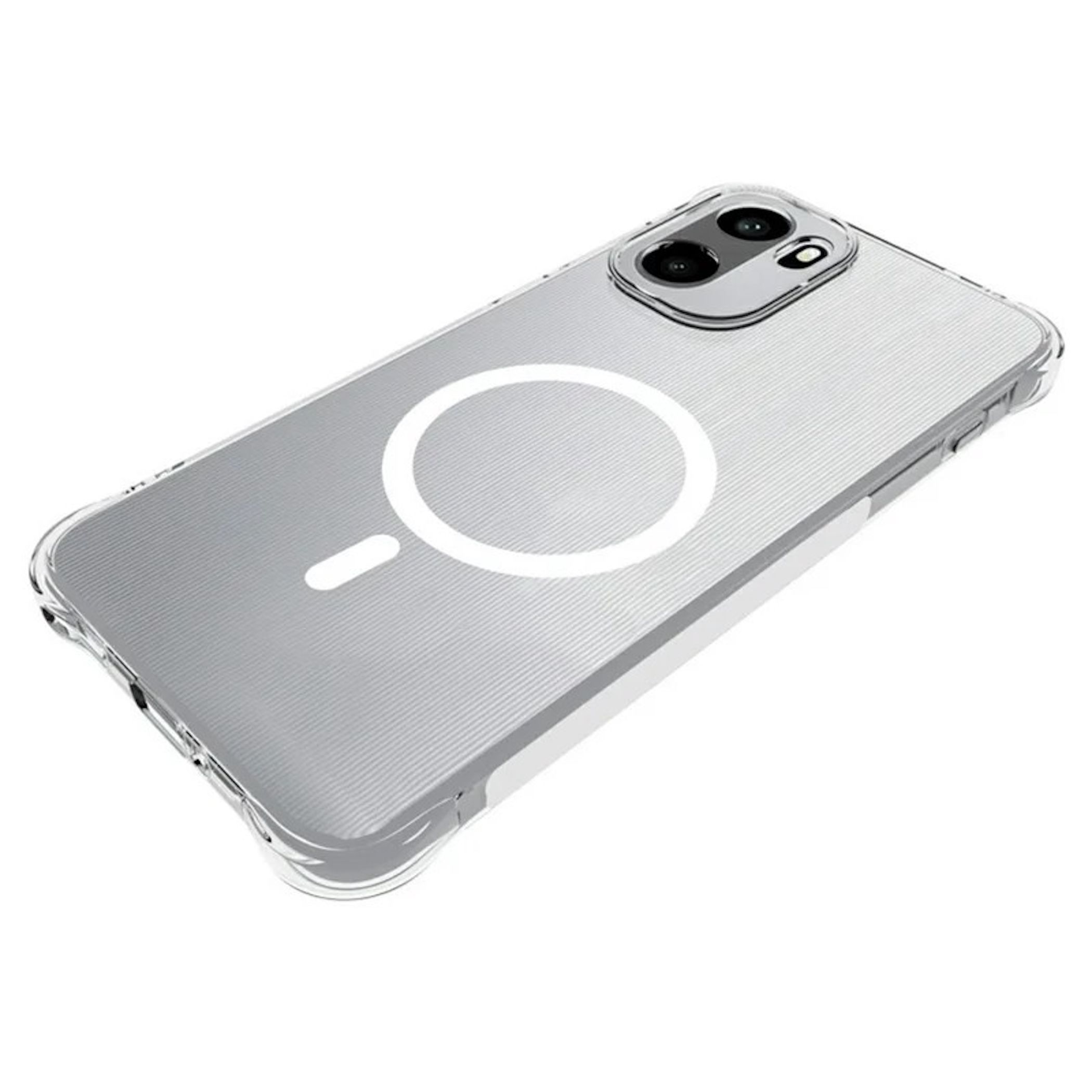 Transparente Smartphone-Hülle mit MagSafe-Ring und Kameraaussparung auf weißem Hintergrund.