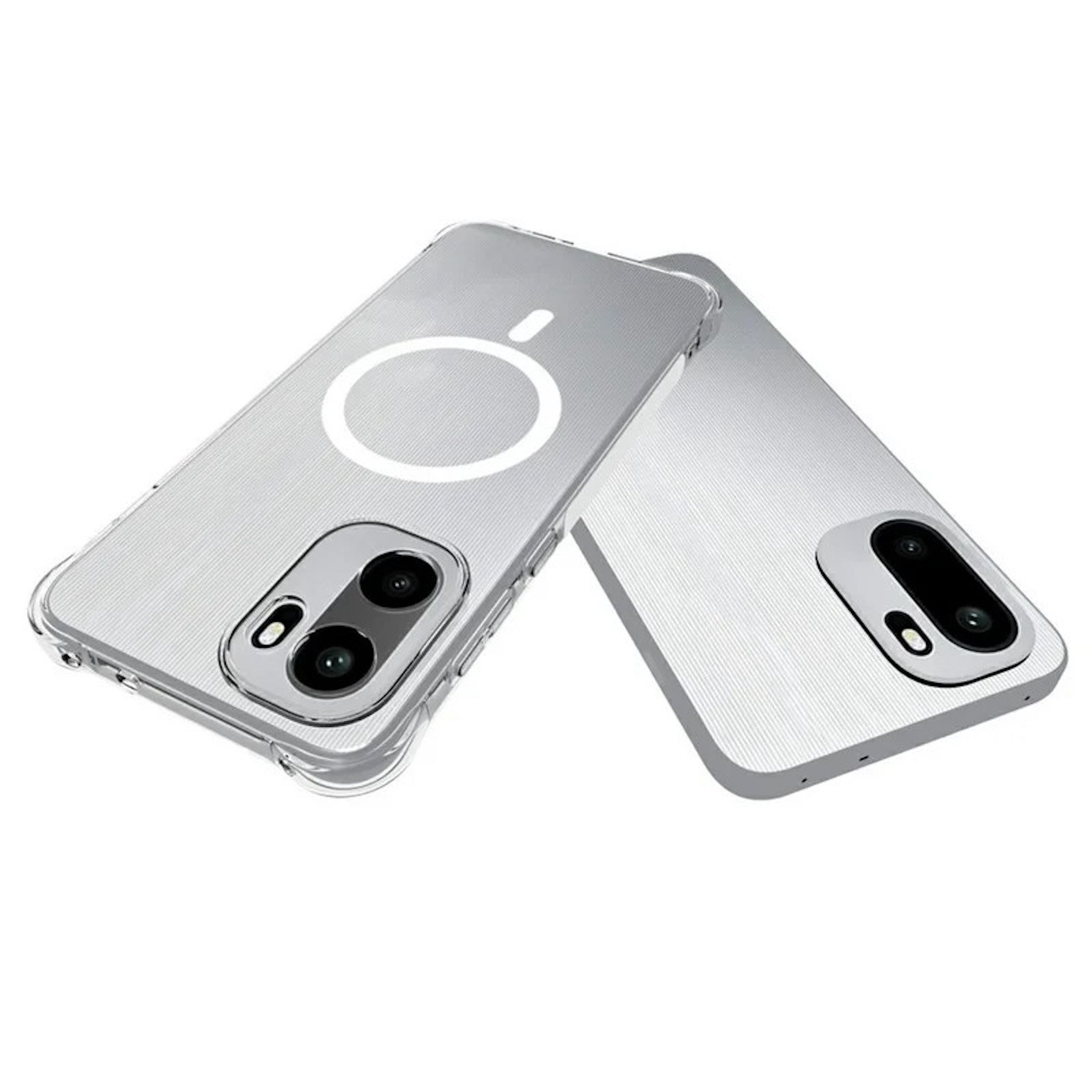 Zwei weiße Smartphones mit Doppelter Kamera und transparentem MagSafe-Cover auf weißem Hintergrund.