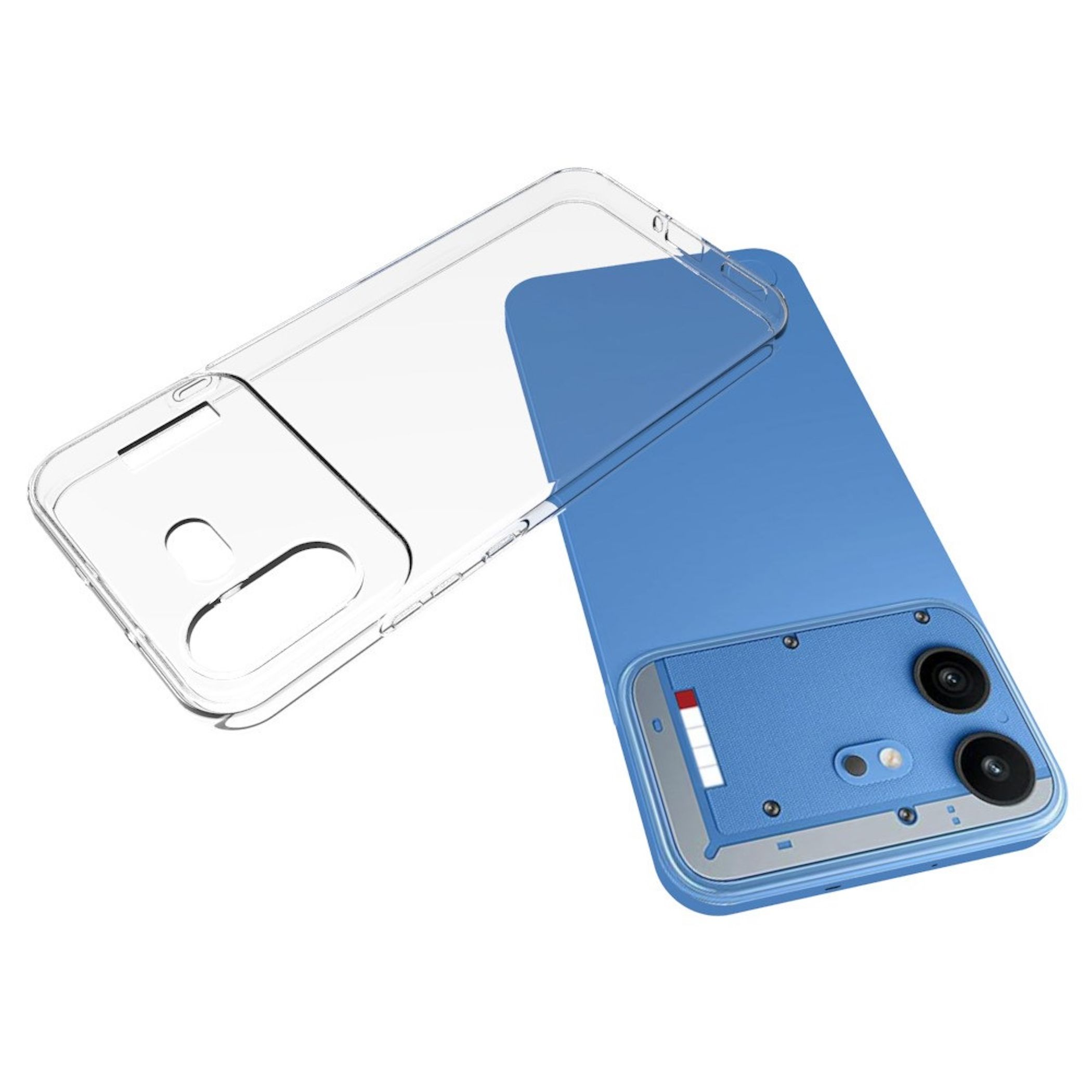 Ein blaues Smartphone und eine transparente Schutzhülle auf weißem Hintergrund.