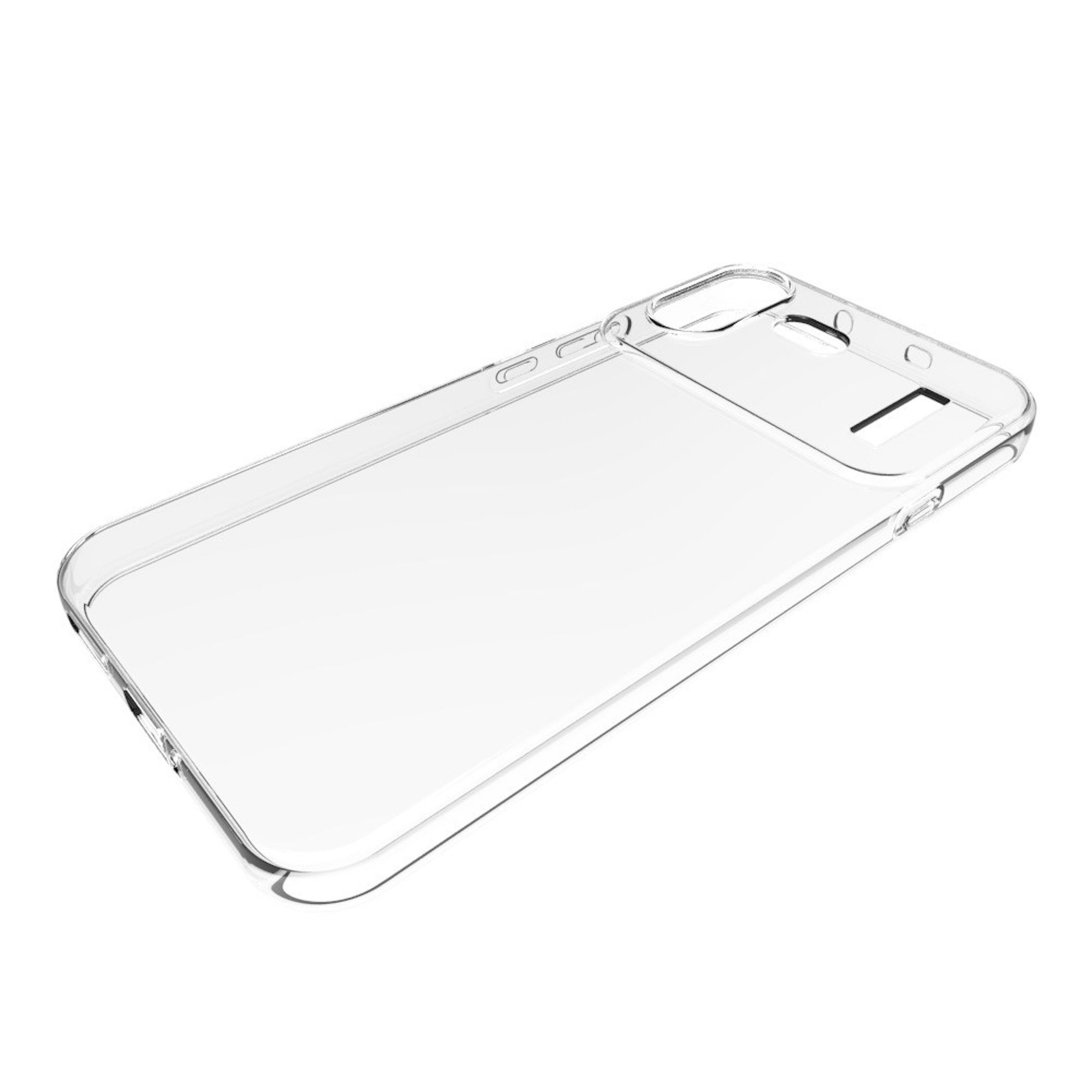 Eine transparente Schutzhülle für ein Smartphone mit Aussparungen für Kamera und Tasten.