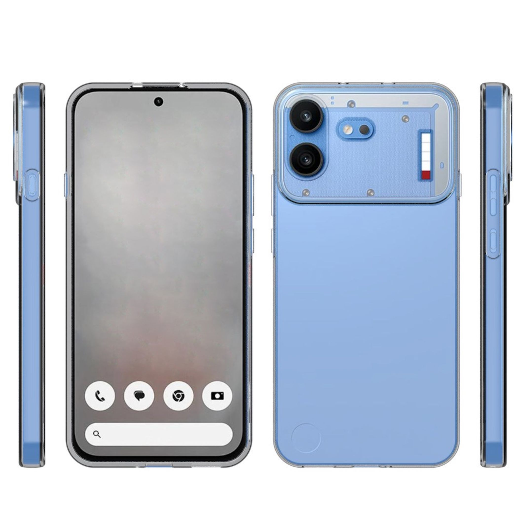 Blaue Smartphone-Ansichten zeigen Vorderseite, Rückseite und beide Seiten in einem transparenten Case.