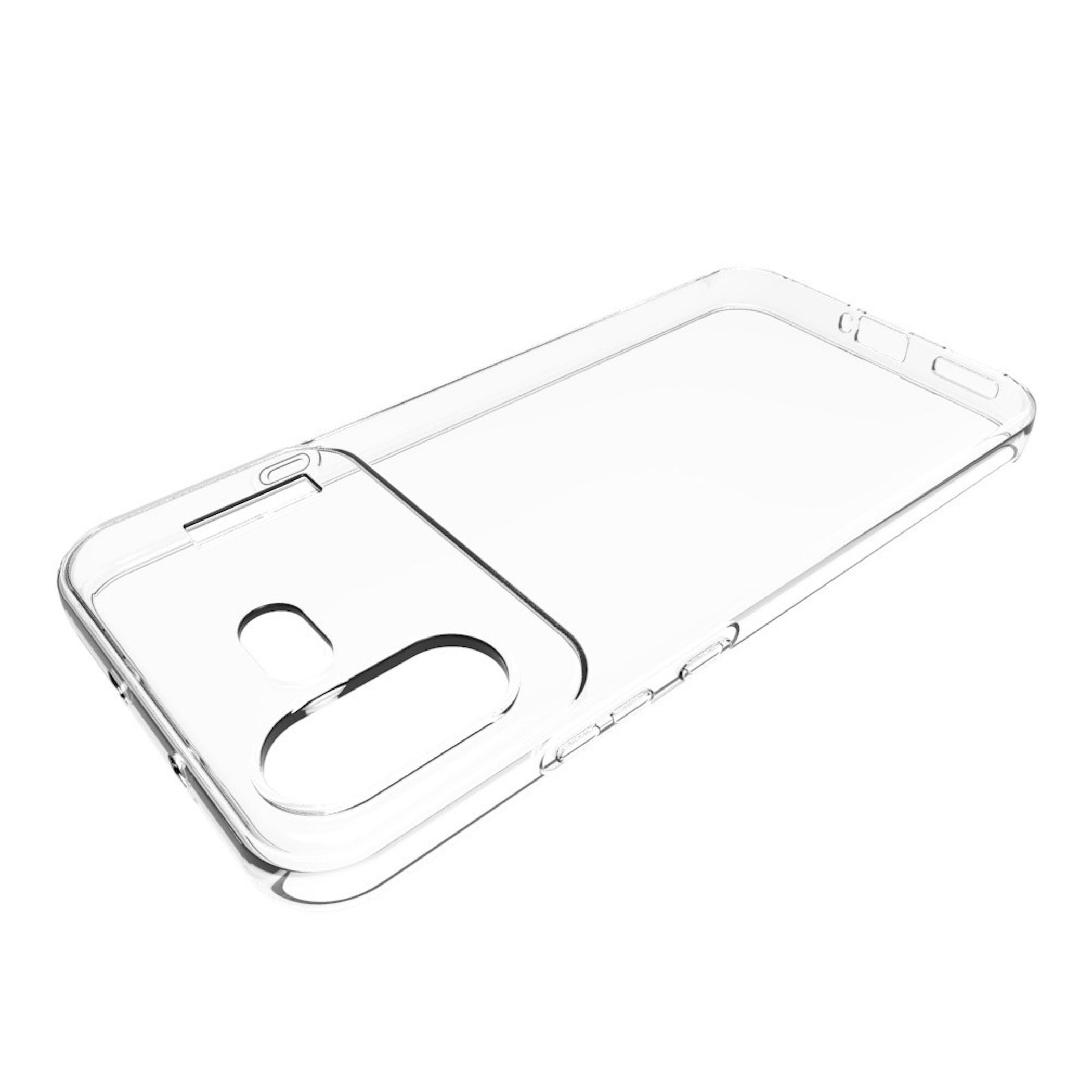 Eine transparente Silikon-Smartphone-Hülle im Winkel vor weißem Hintergrund.