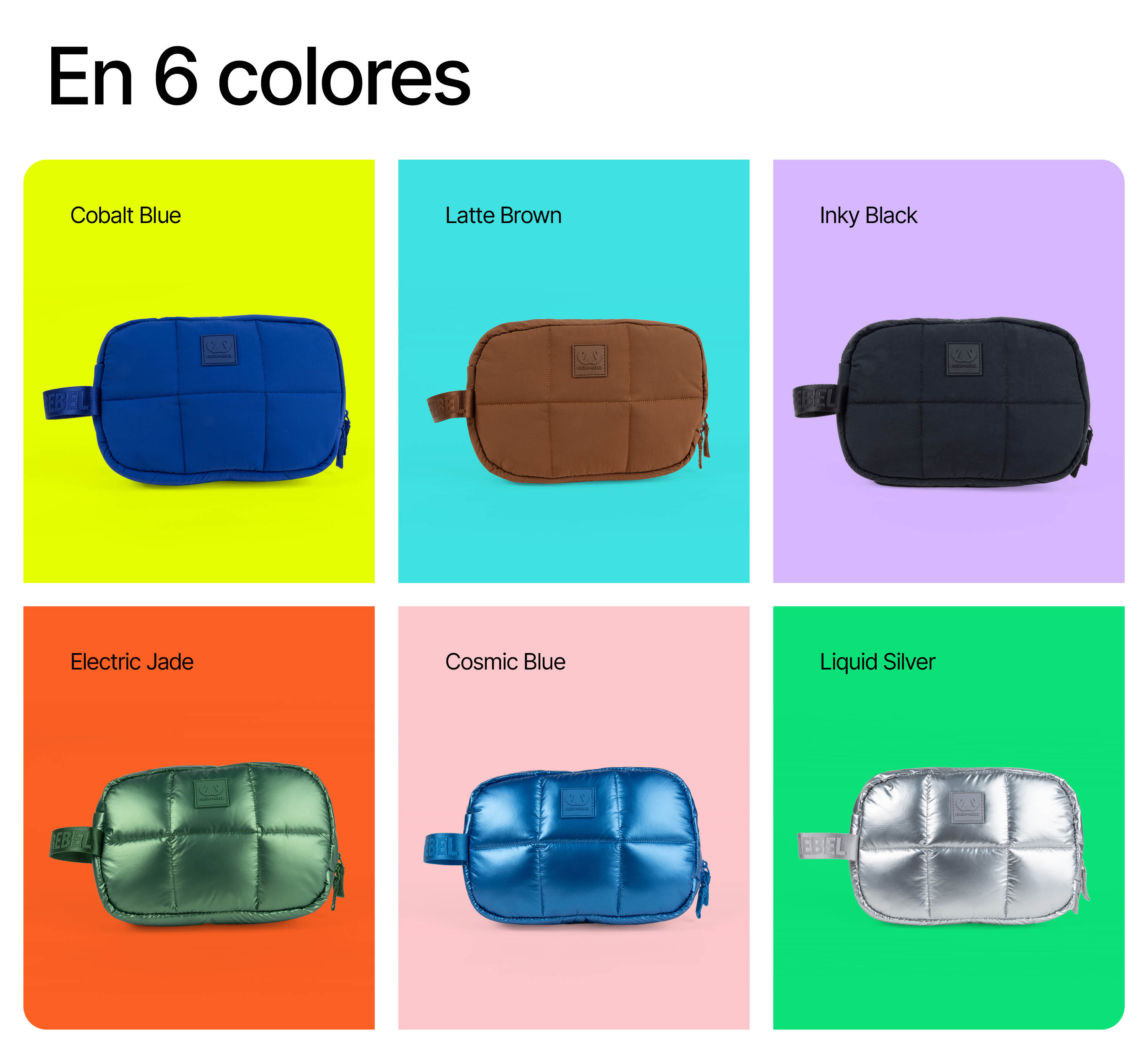 Sechs gepolsterte Taschen in verschiedenen Farben auf farbigem Hintergrund.