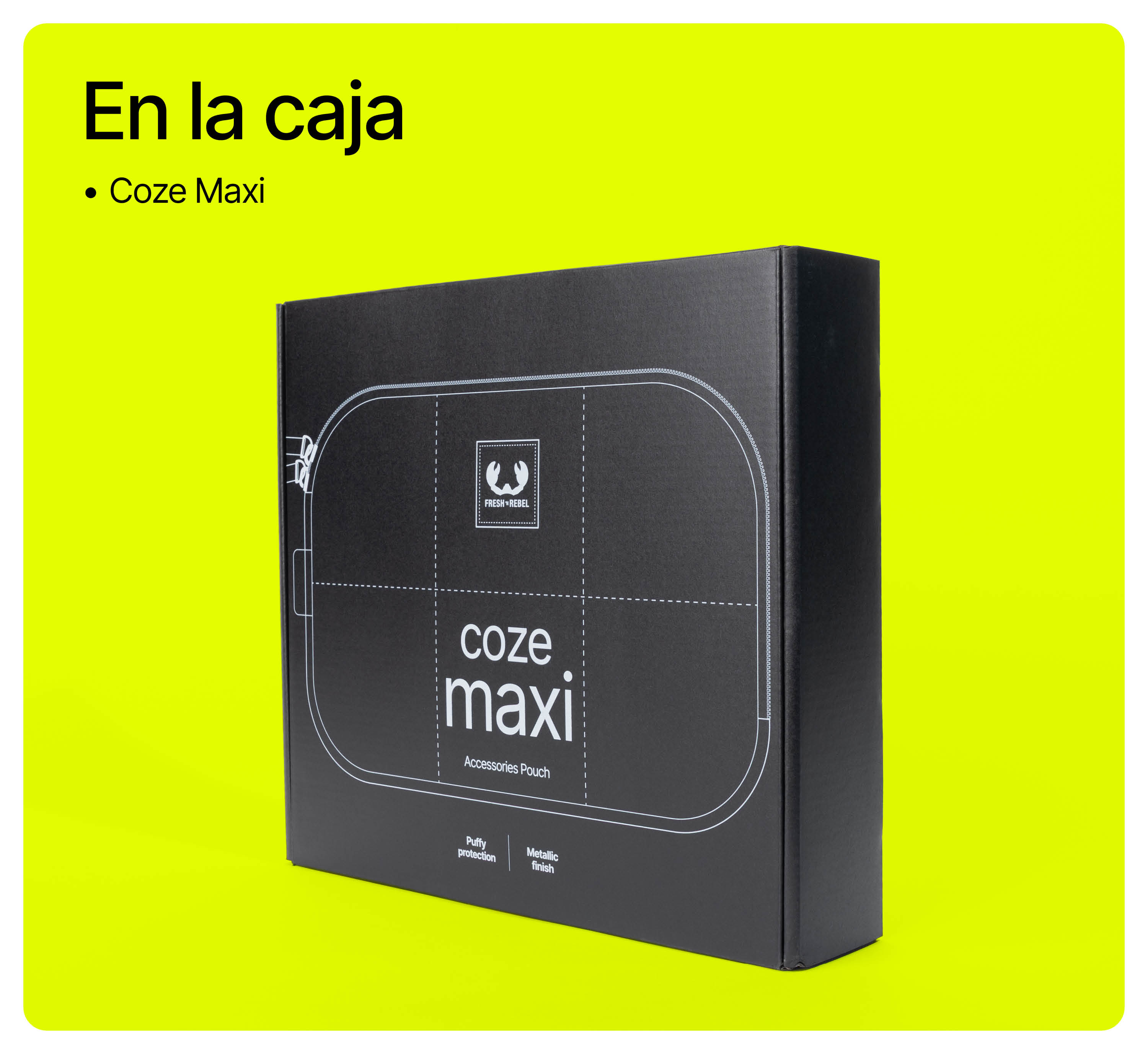 Schwarze Box auf gelbem Hintergrund mit weißer Aufschrift Coze Maxi und Zubehörtasche.