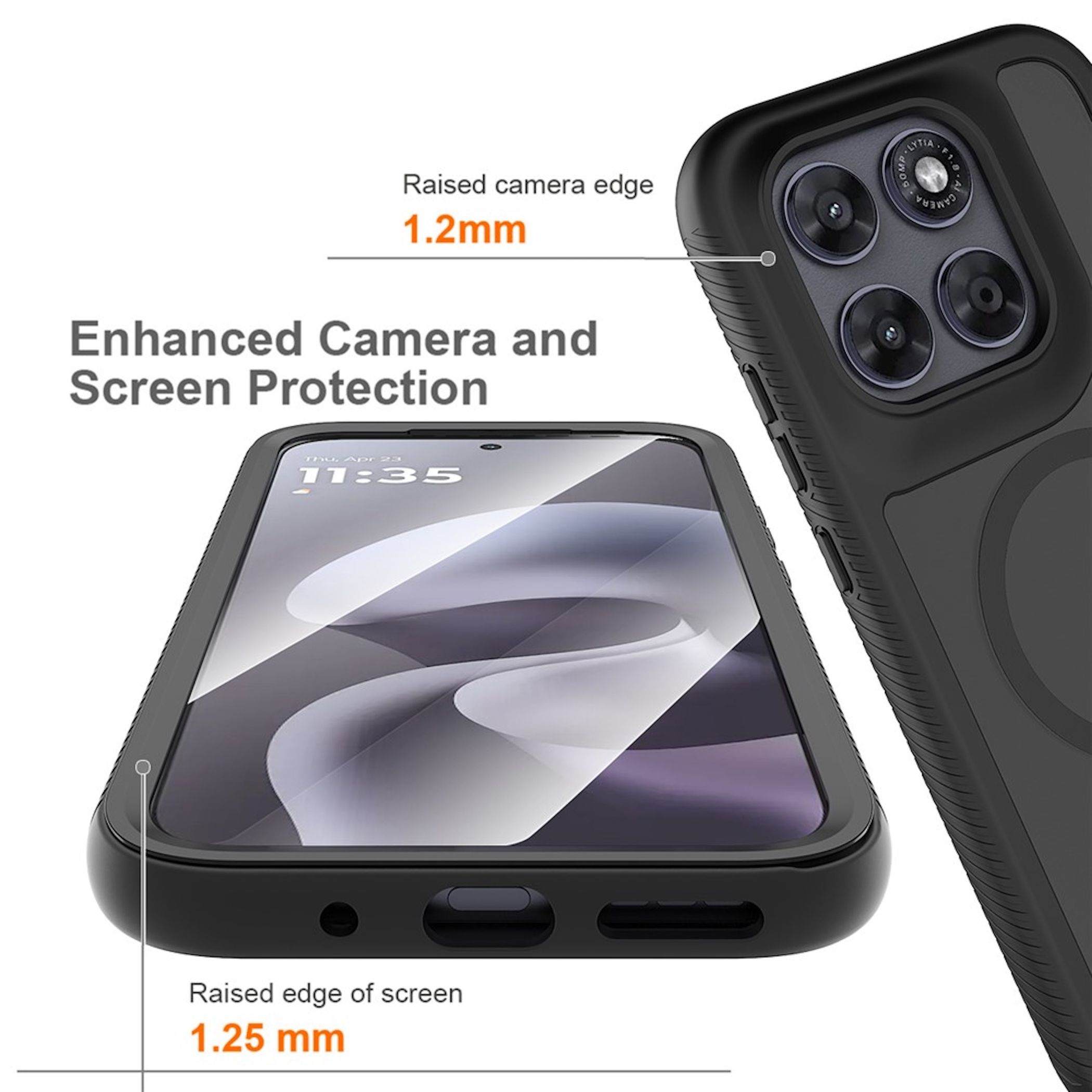 Schwarze Schutzhülle mit 1,2 mm erhöhtem Kamera- und 1,25 mm Displayrand.