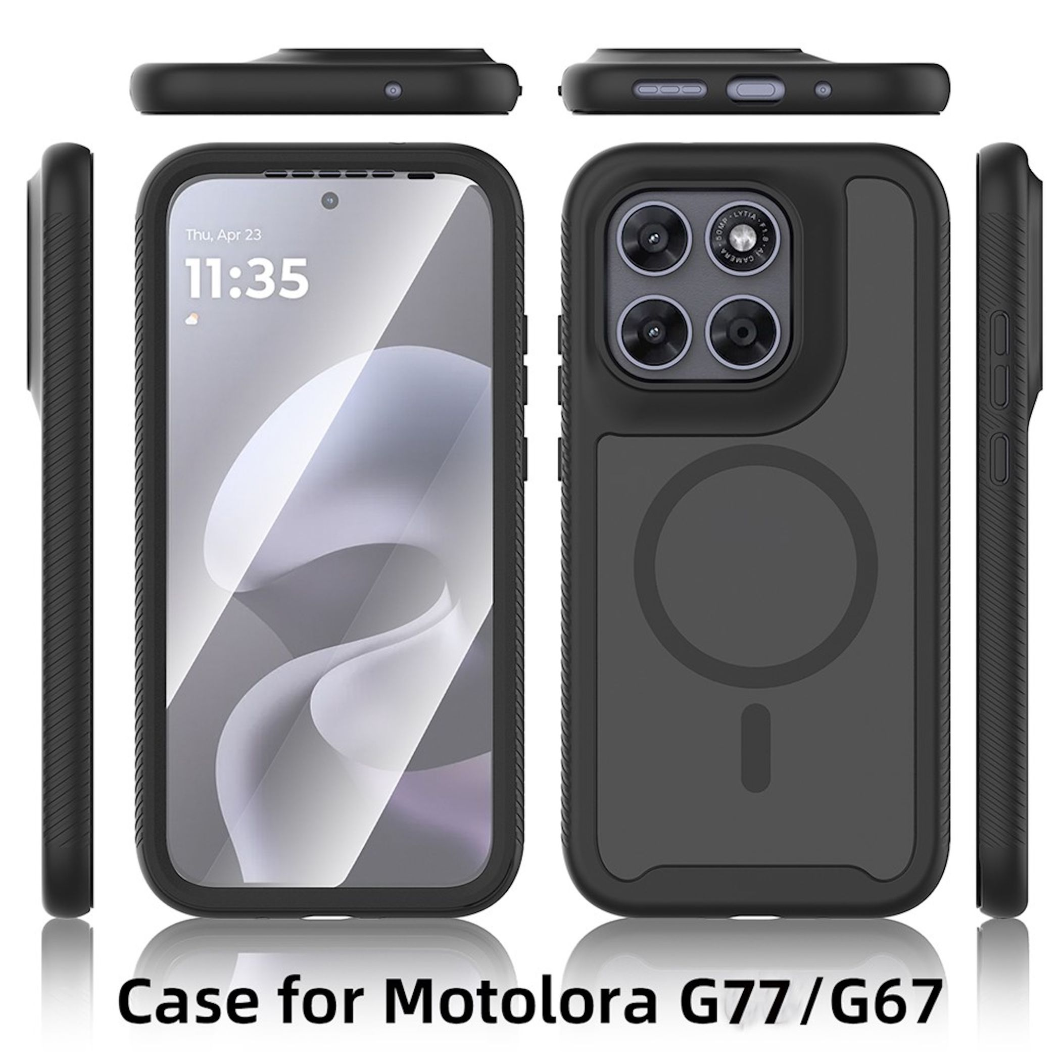 Schwarze Schutzhülle für Motorola G77/G67 aus verschiedenen Blickwinkeln.