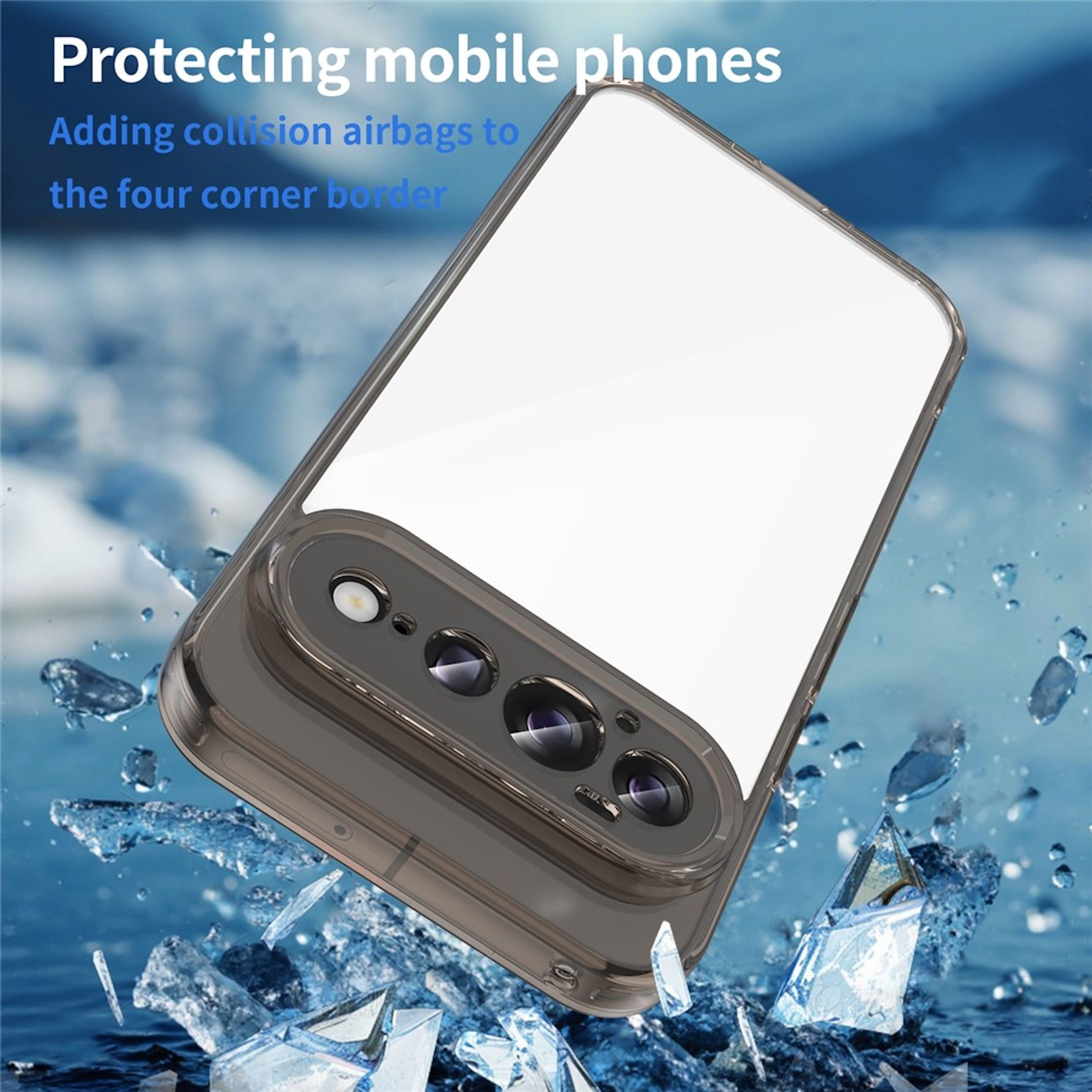 Smartphone in transparenter Schutzhülle mit Airbag-Ecken, umgeben von spritzigem Wasser und Eis.