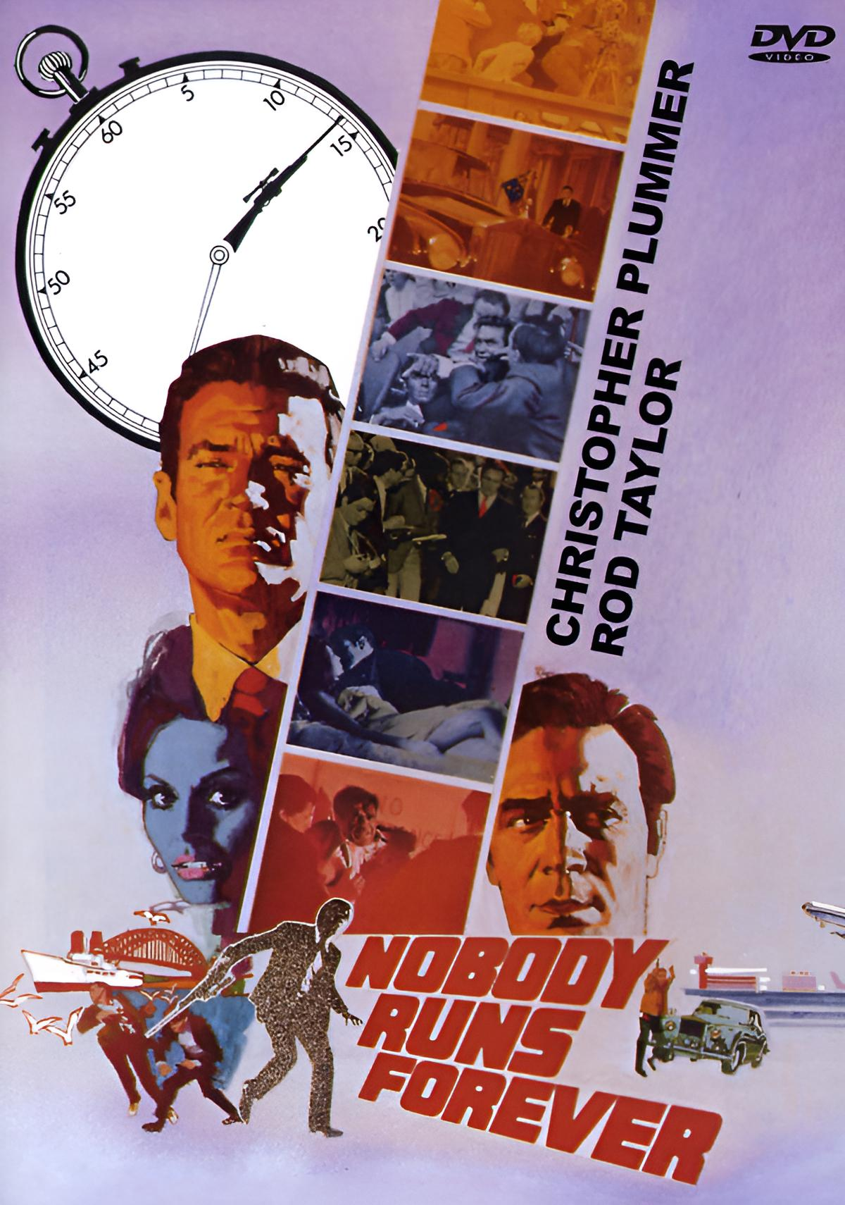 DVD-Cover von Nobody Runs Forever mit Christopher Plummer und Rod Taylor, Uhrenmotiv und Filmszenen.