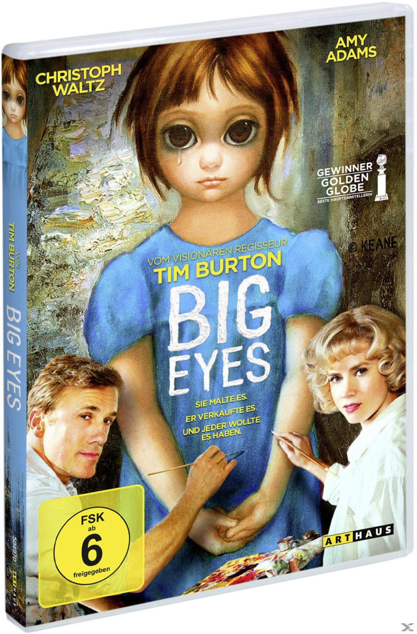 DVD-Hülle von Big Eyes mit traurigem Mädchen mit großen Augen, einem Mann und einer malenden Frau.