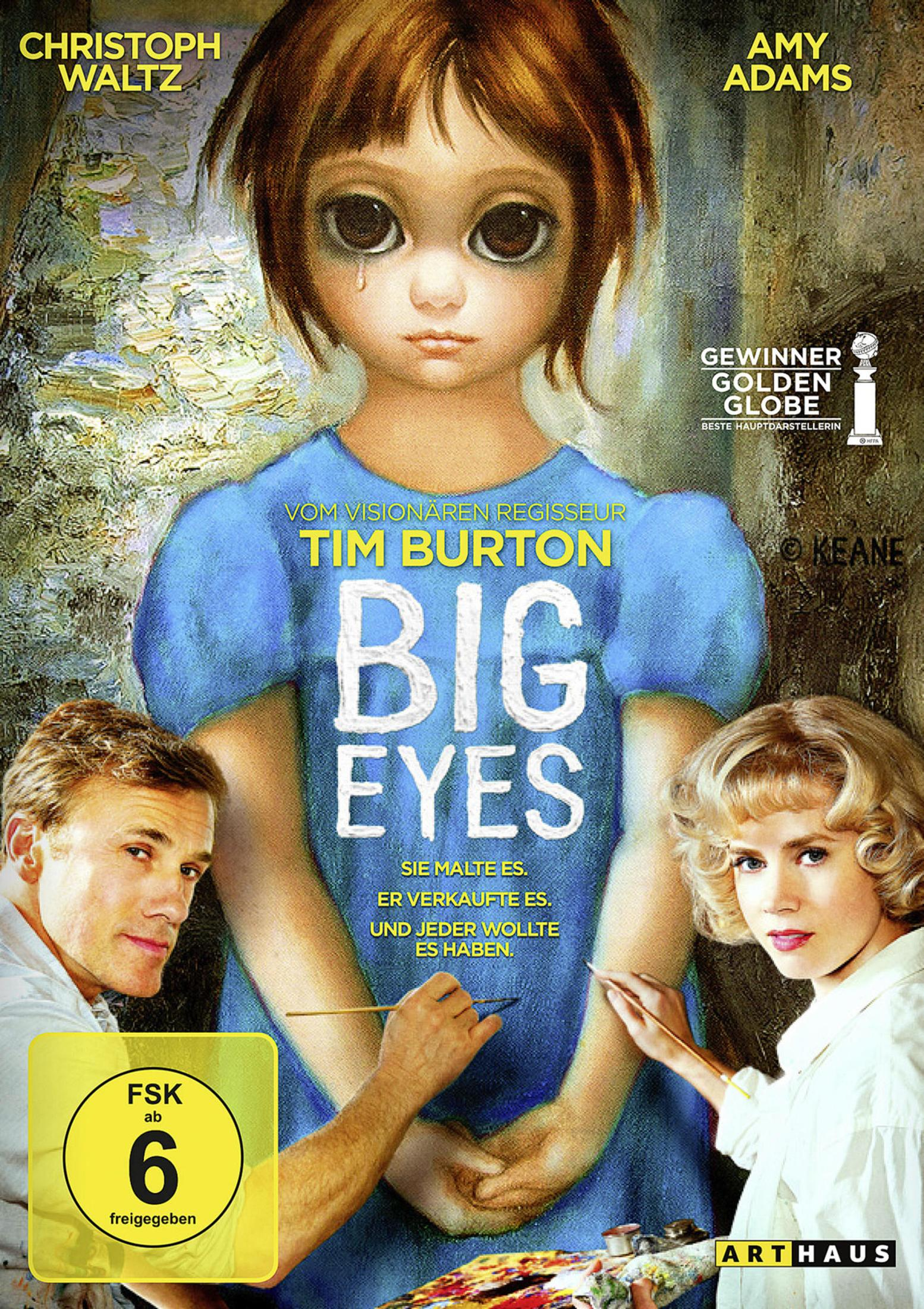 Filmposter von Big Eyes mit einer gemalten Figur mit großen Augen sowie den Schauspielern unten.