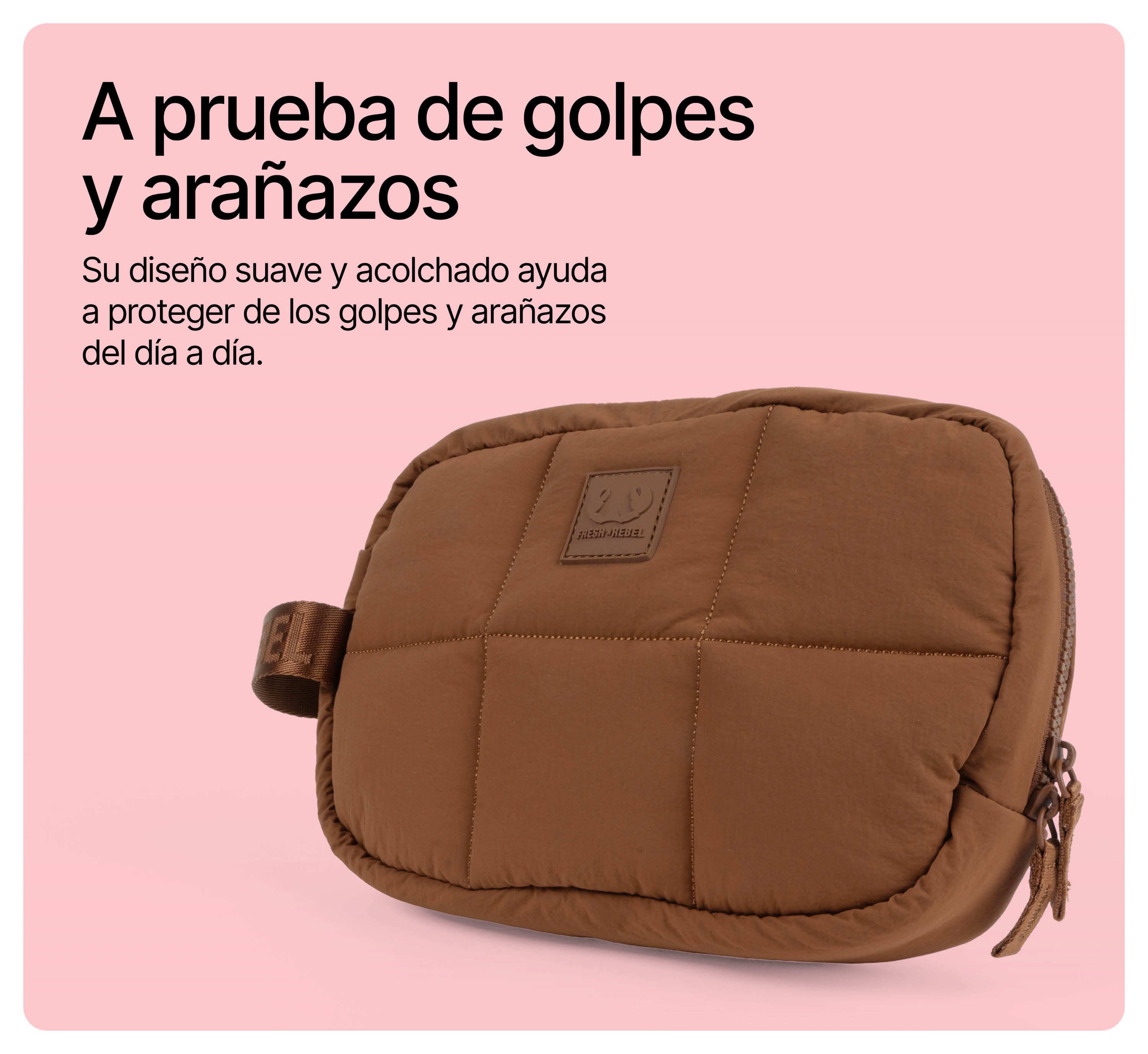Eine braune, gesteppte Tasche vor rosa Hintergrund mit Text oben.