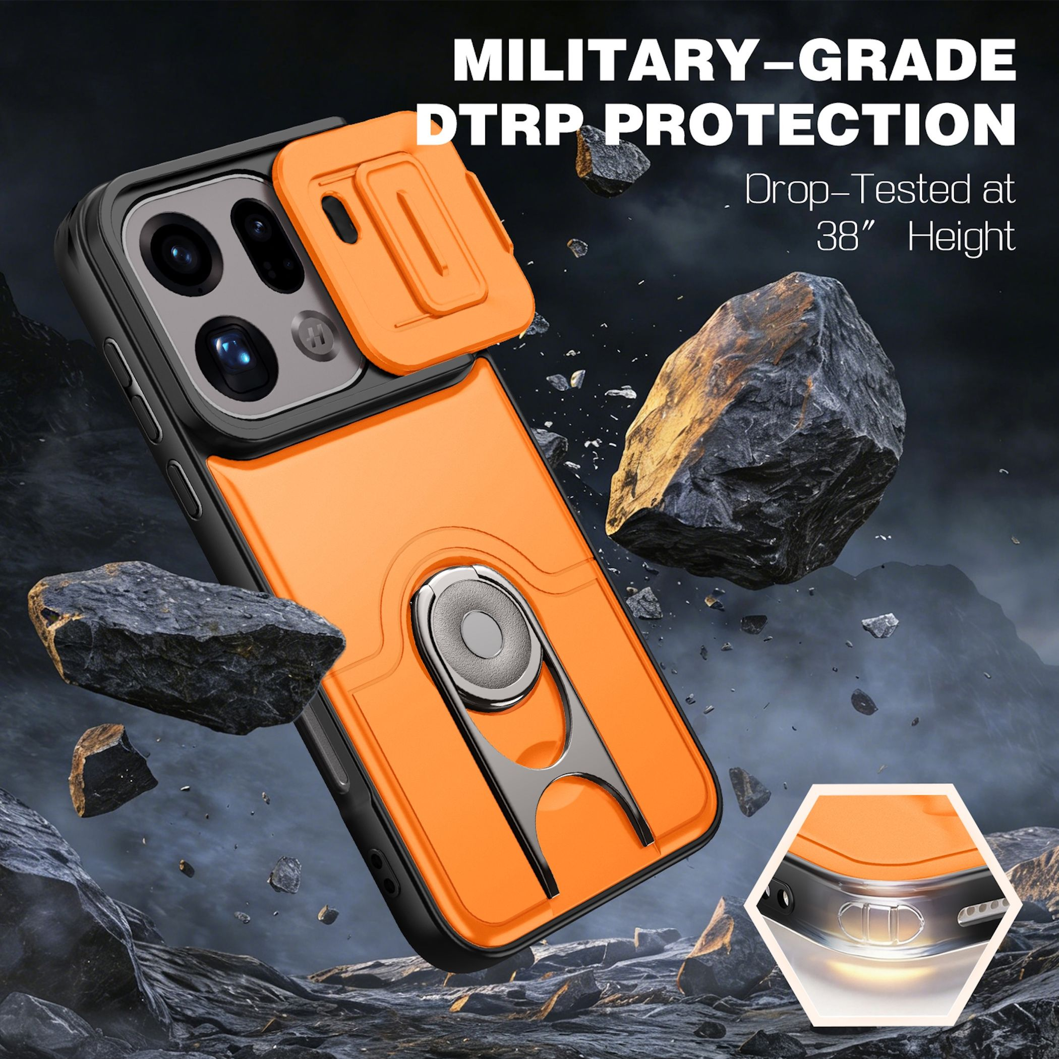 Strapazierfähige orange-schwarze Smartphone-Hülle mit Kamera-Schieber, Ständer und schwebenden Felsen im Hintergrund.