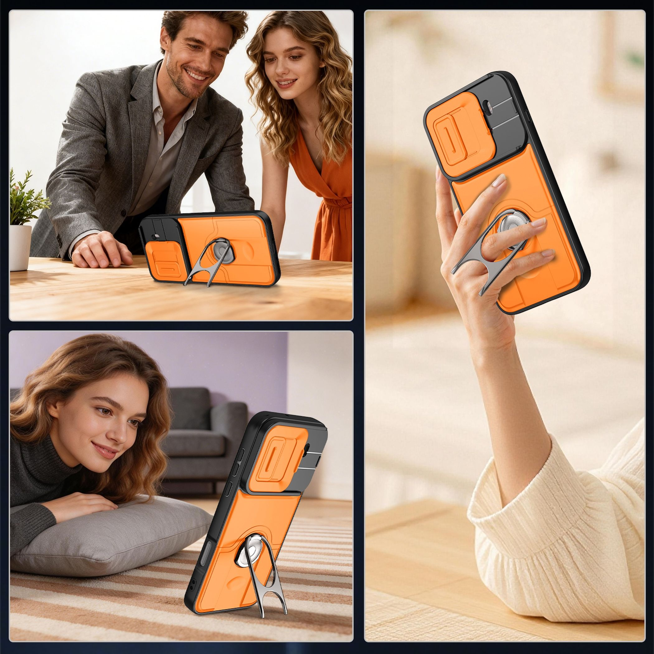 Collage zeigt Menschen und eine orange Handyhülle mit integriertem Ständer und Kameraschutz.