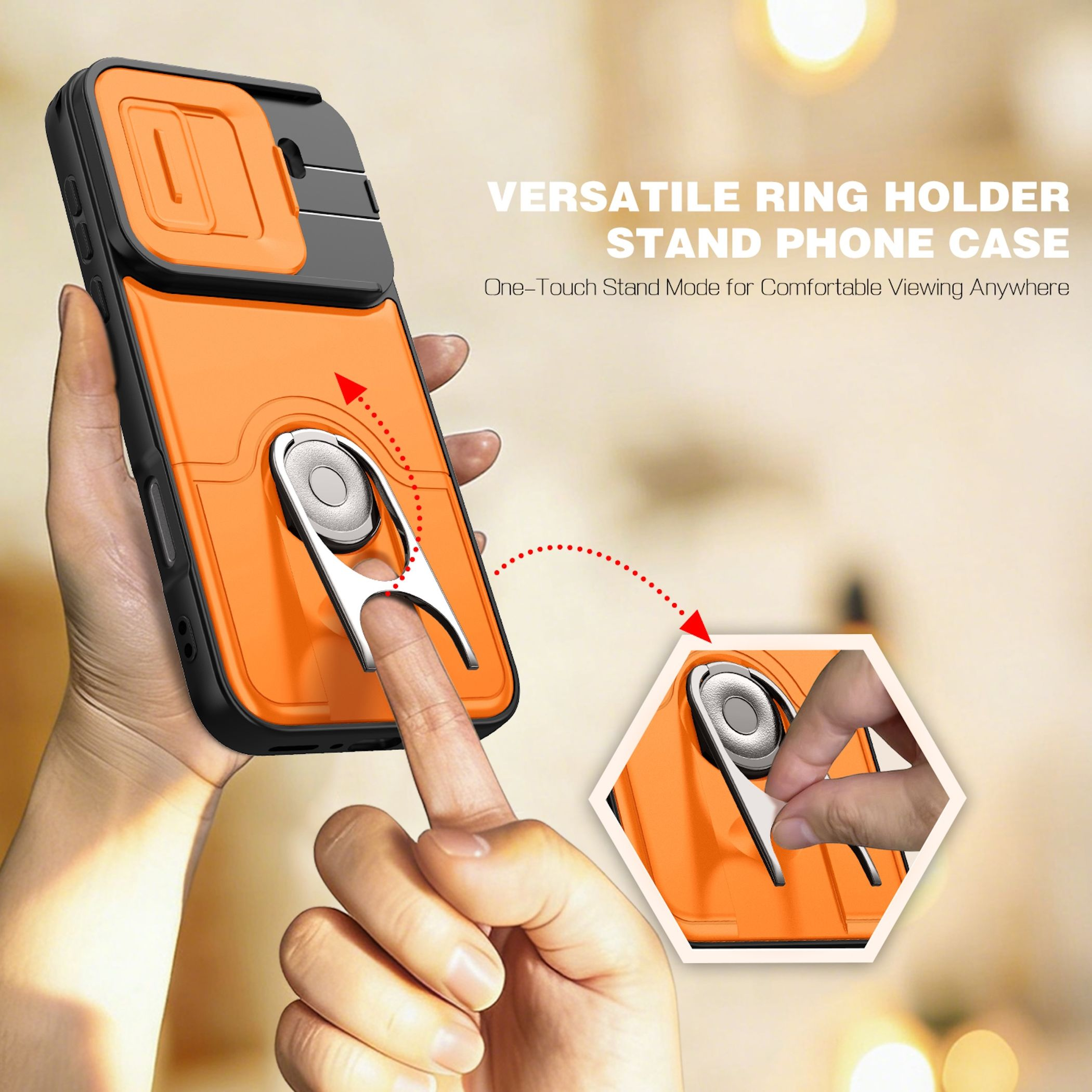 Handyhülle mit Ringhalter und Kameraabdeckung auf einem orangefarbenen Gehäuse.