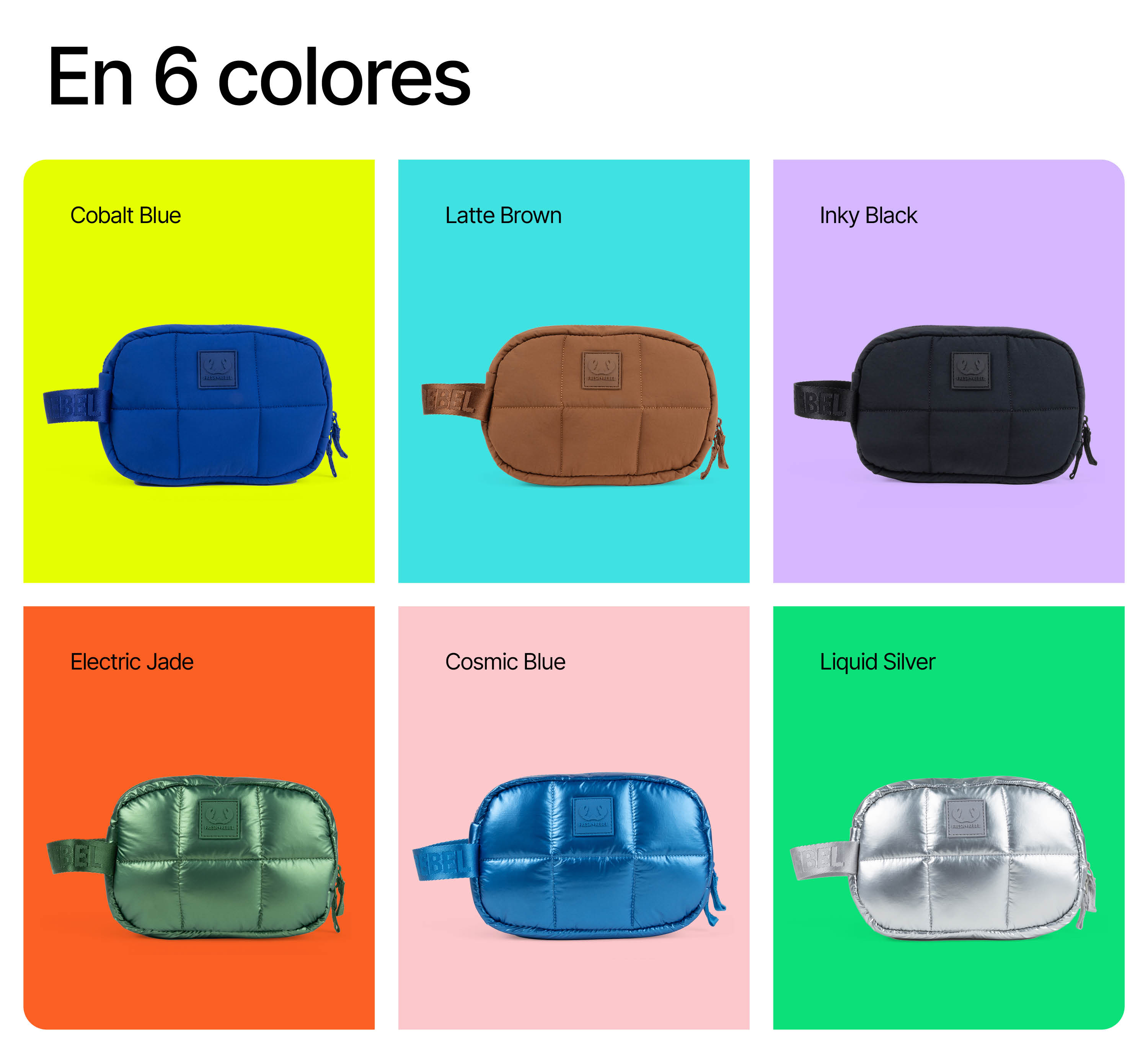 Sechs gepolsterte Gürteltaschen in verschiedenen Farben: Blau, Braun, Schwarz, Grün, Metallic-Blau und Silber auf farbigen Hintergründen.
