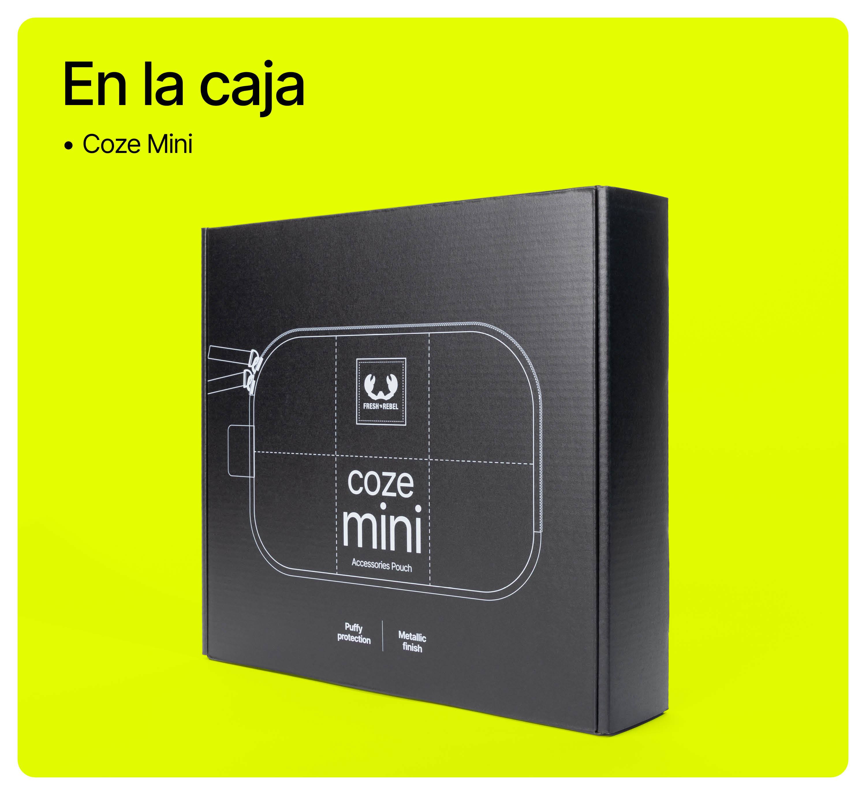 Schwarze Box des Coze Mini Zubehörbeutels vor gelbem Hintergrund.