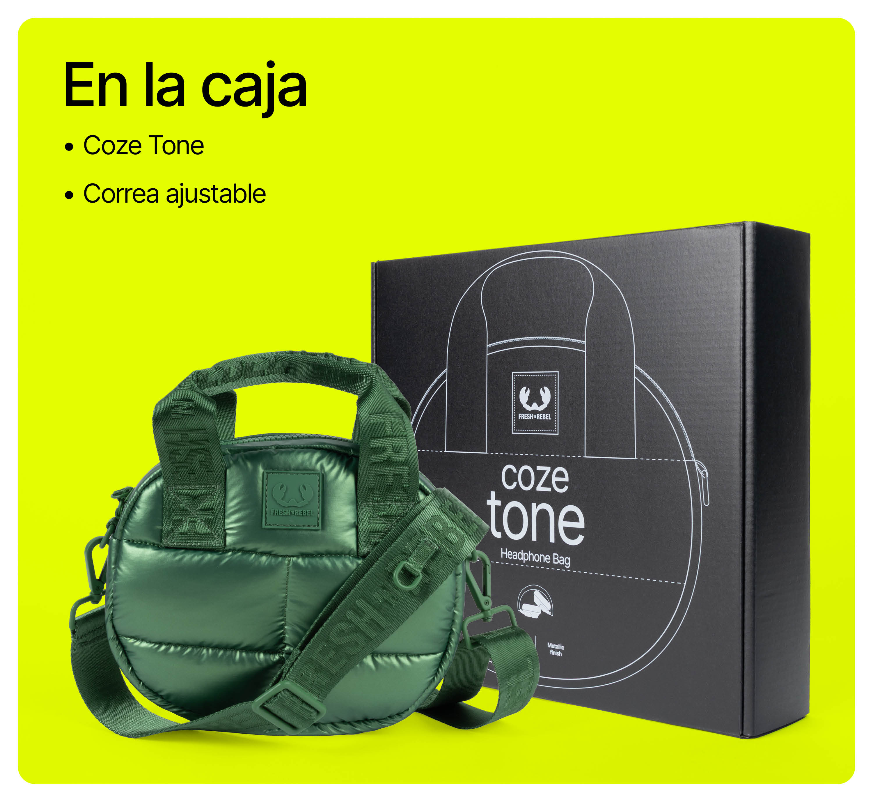 Bolsa para auriculares Coze Tone verde acolchada con correa ajustable frente a una caja de producto negra.