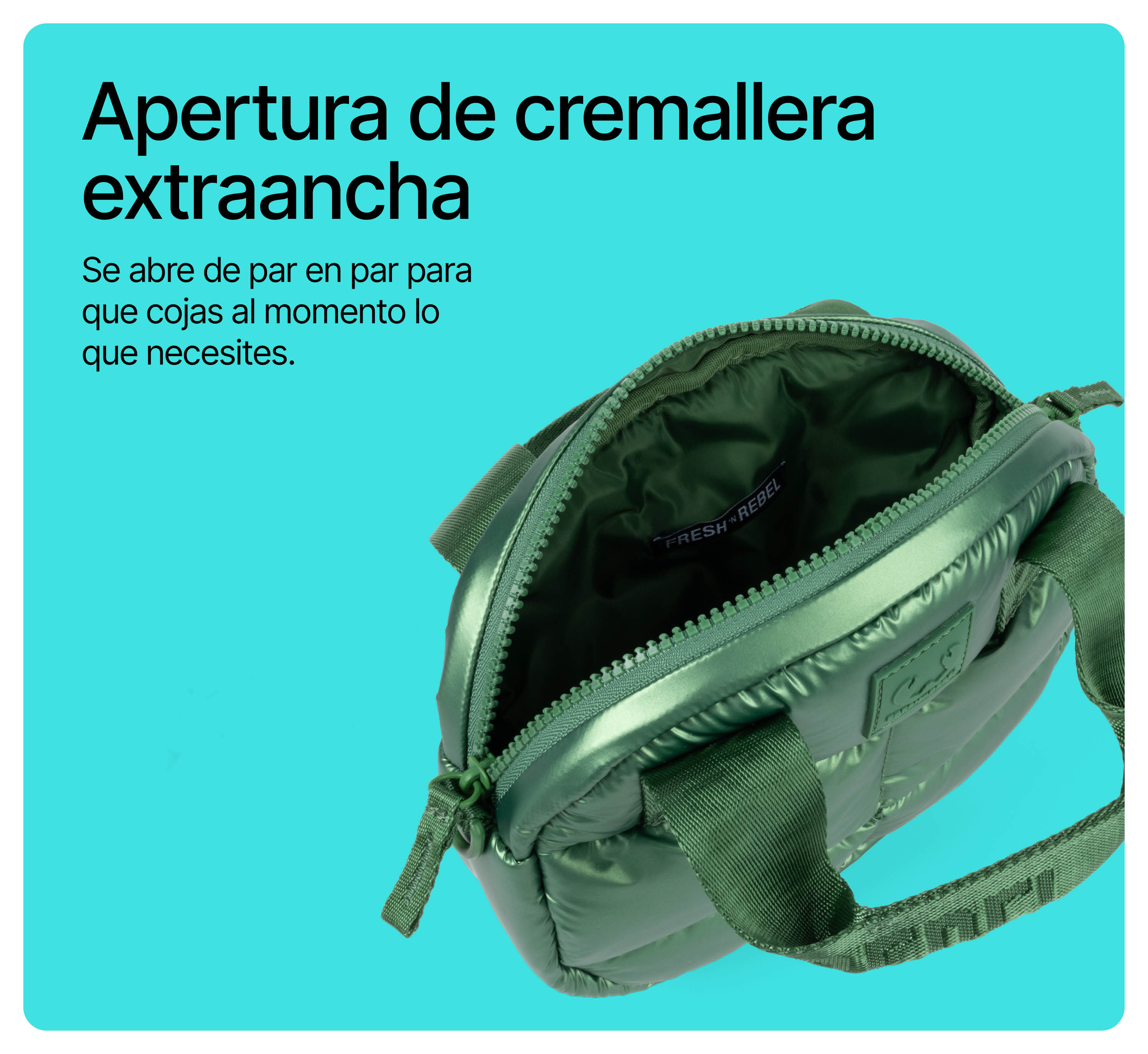 Un bolso bandolera acolchado verde con cremallera abierta sobre fondo turquesa y texto.