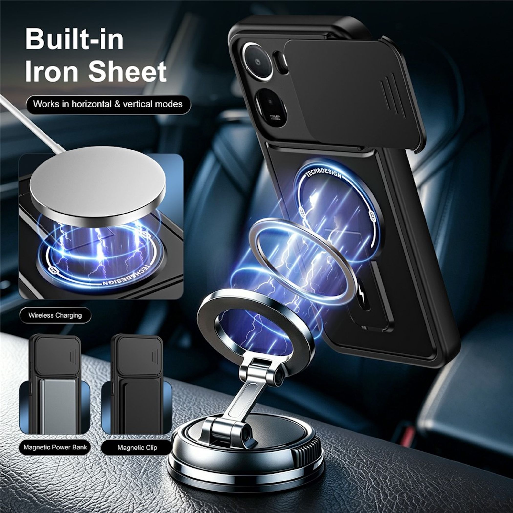 Schwarze Handyhülle mit integriertem Eisenblech und Magnetring für kabelloses Laden im Auto.