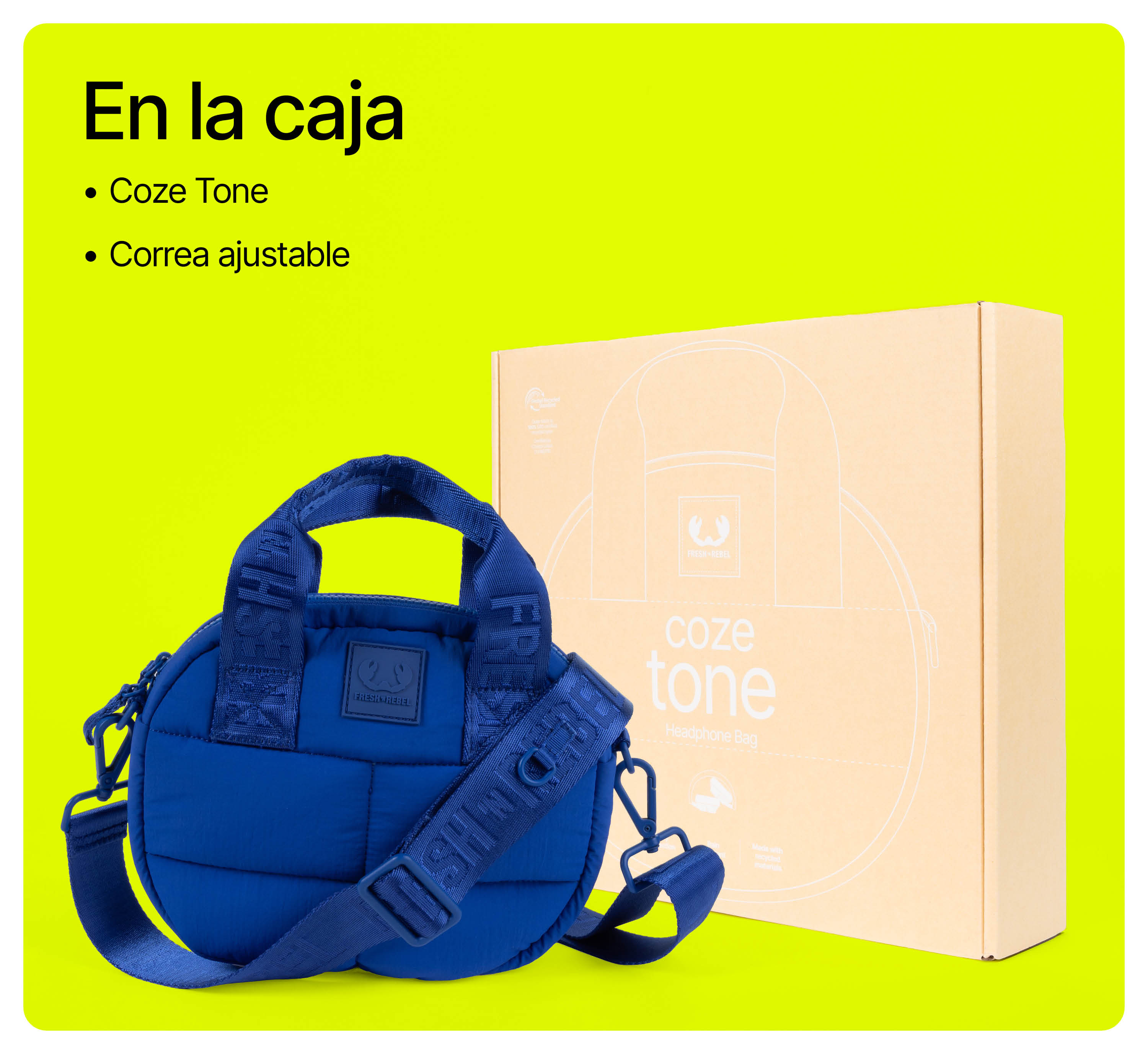 Un bolso azul acolchado Coze Tone con asas y correa, junto a su caja de cartón sobre un fondo amarillo brillante.