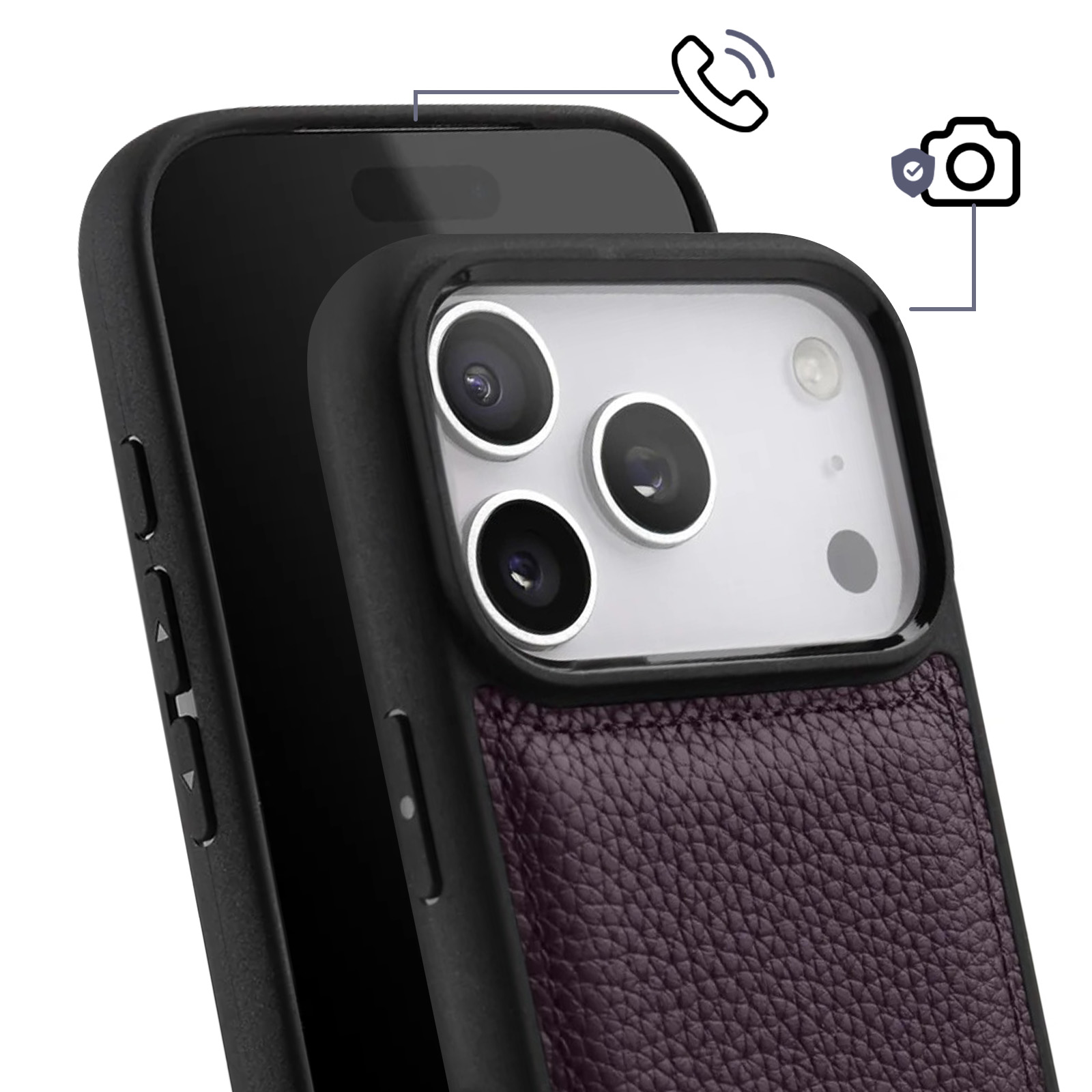 Smartphone in einer schwarzen Schutzhülle mit lila Lederdetails und Symbolen für Anruf und Kamera oben.