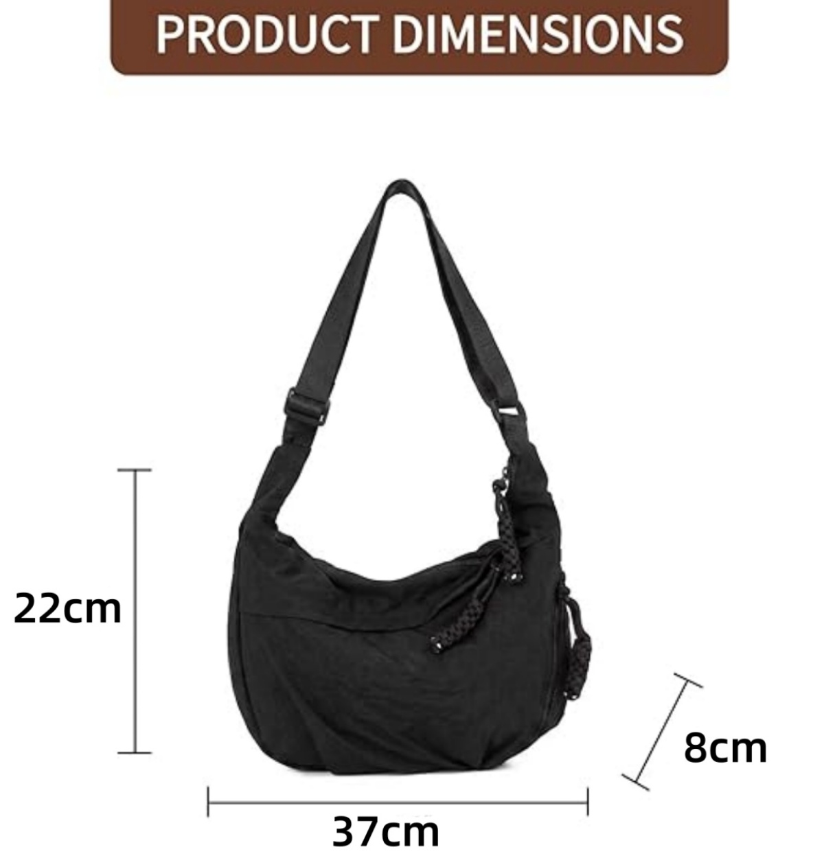 Schwarze Schultertasche mit Produktabmessungen: 37cm breit, 22cm hoch, 8cm tief.