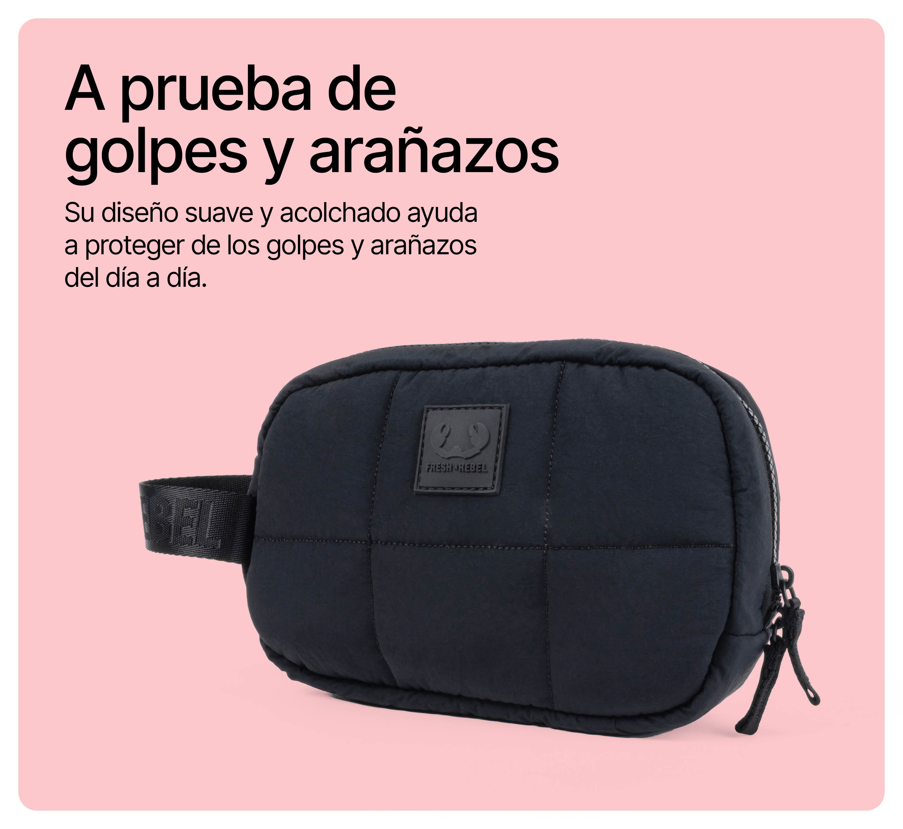 Eine schwarze, gesteppte Tasche auf rosa Hintergrund mit spanischem Text zum Schutz.