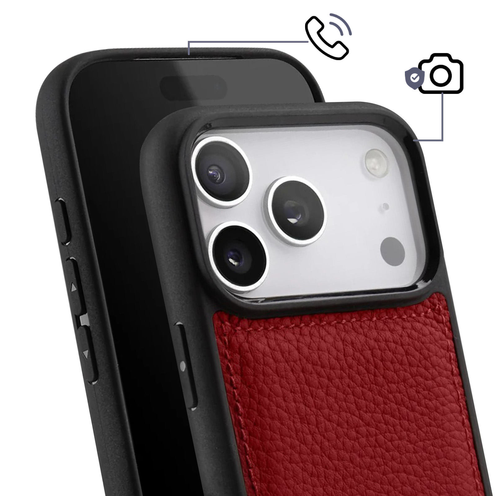 Zwei schwarze Smartphones mit rot-schwarzer Lederhülle, Kamera- und Anrufsymbolen auf weißem Hintergrund.