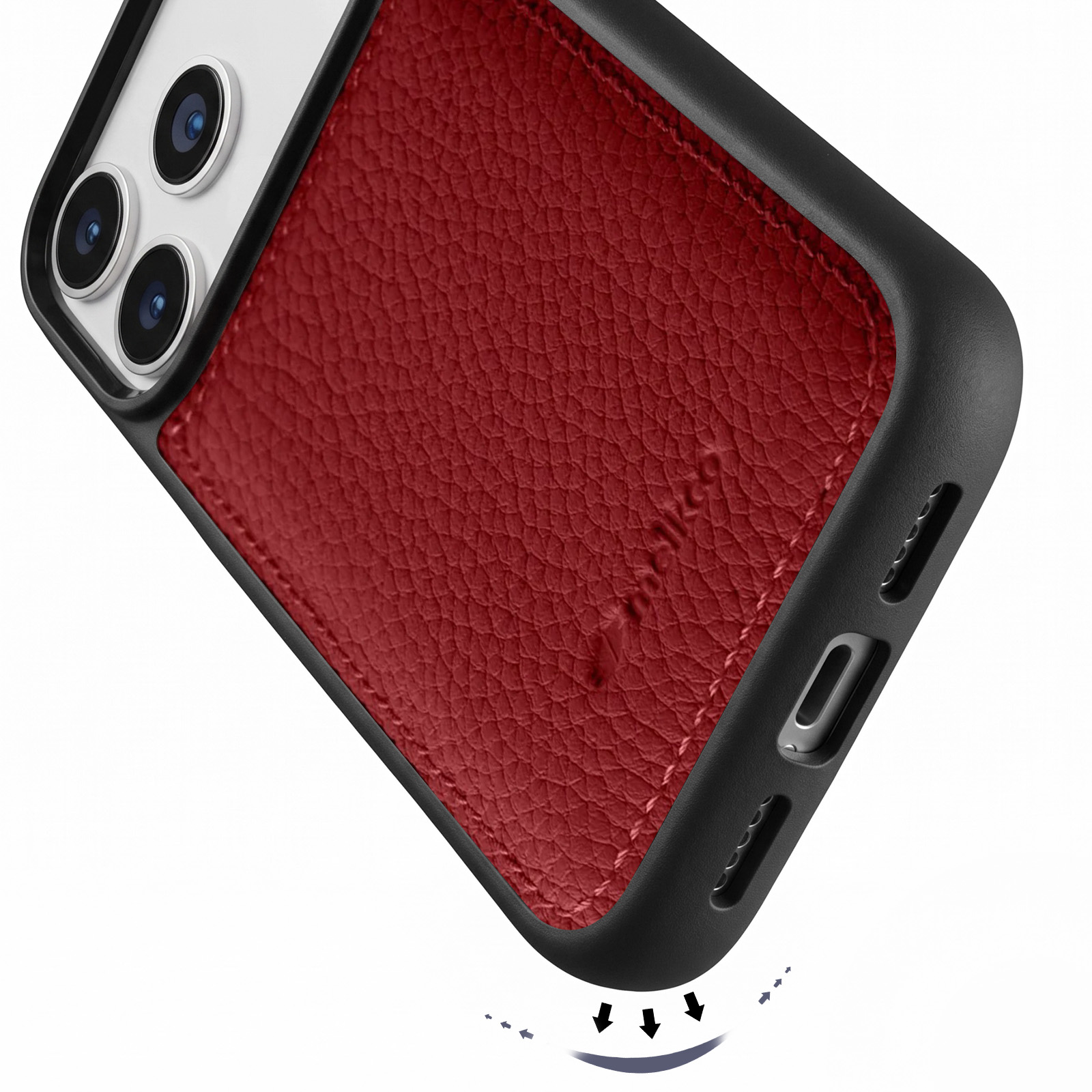 Ein schwarzes Smartphone mit einer roten Lederhülle auf der Rückseite und sichtbaren Kameralinsen.
