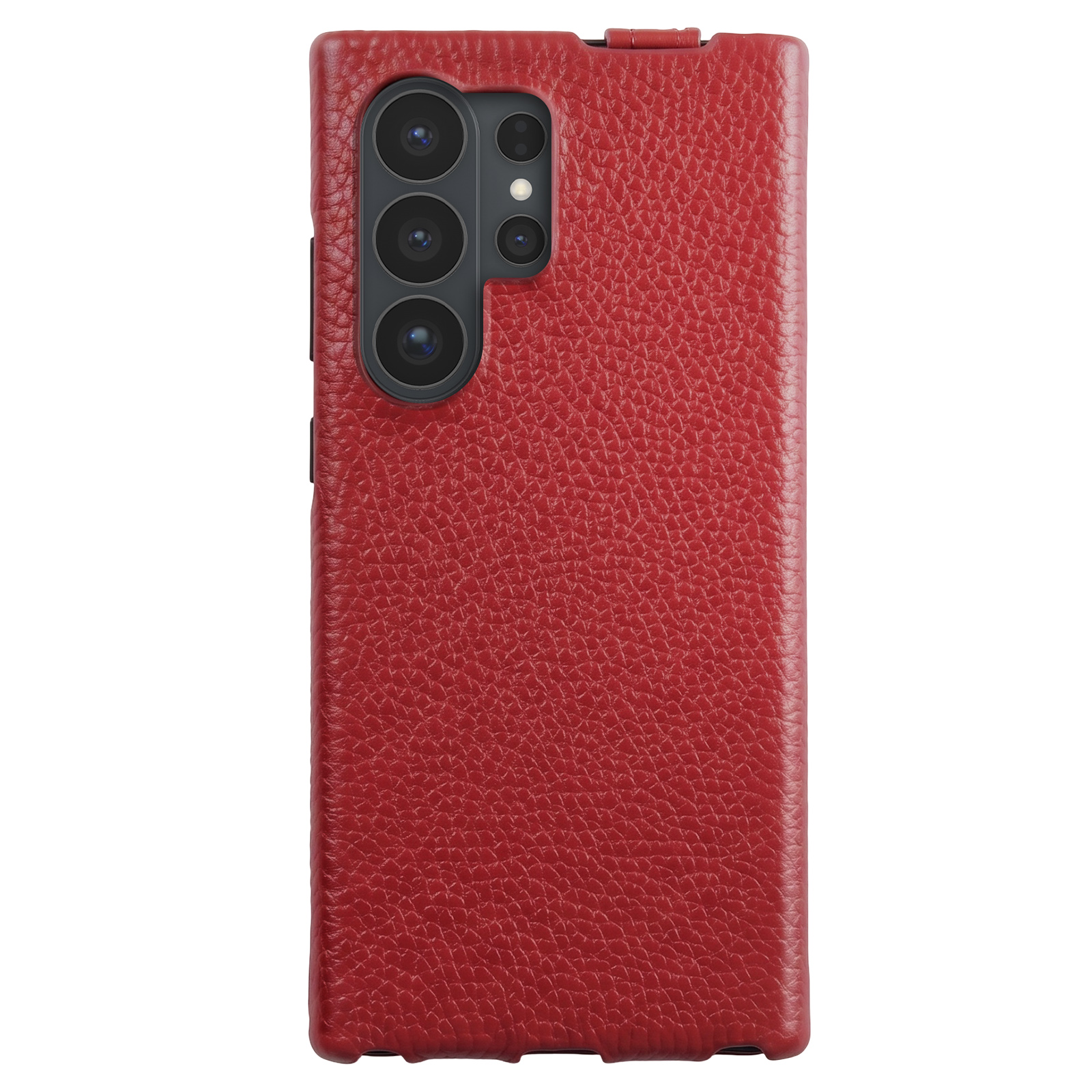 Rote Leder-Handyhülle auf der Rückseite mit integriertem Kameraausschnitt für ein Smartphone.