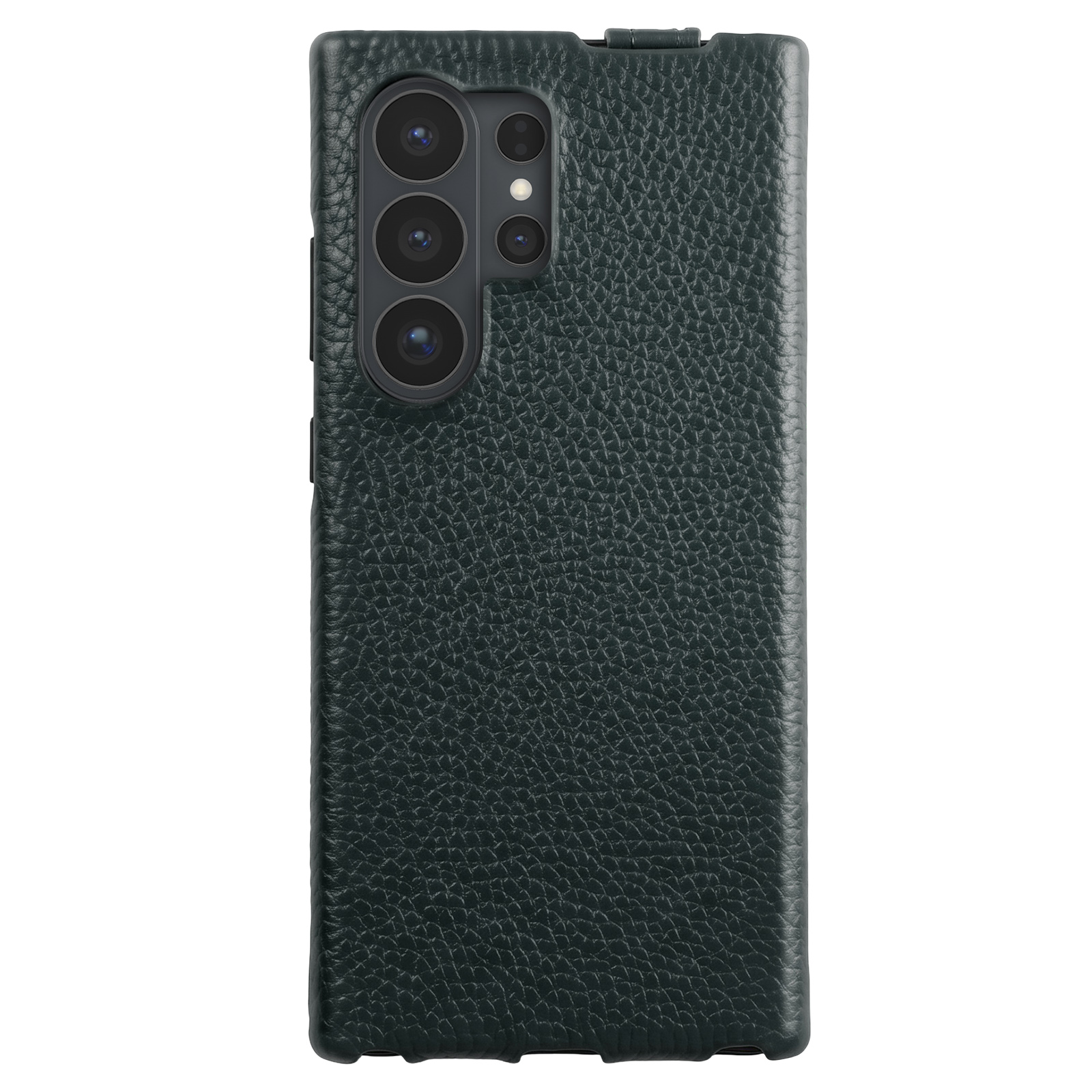 Dunkelgrüne Lederhülle für ein Smartphone mit mehreren Kameraöffnungen auf der Rückseite.