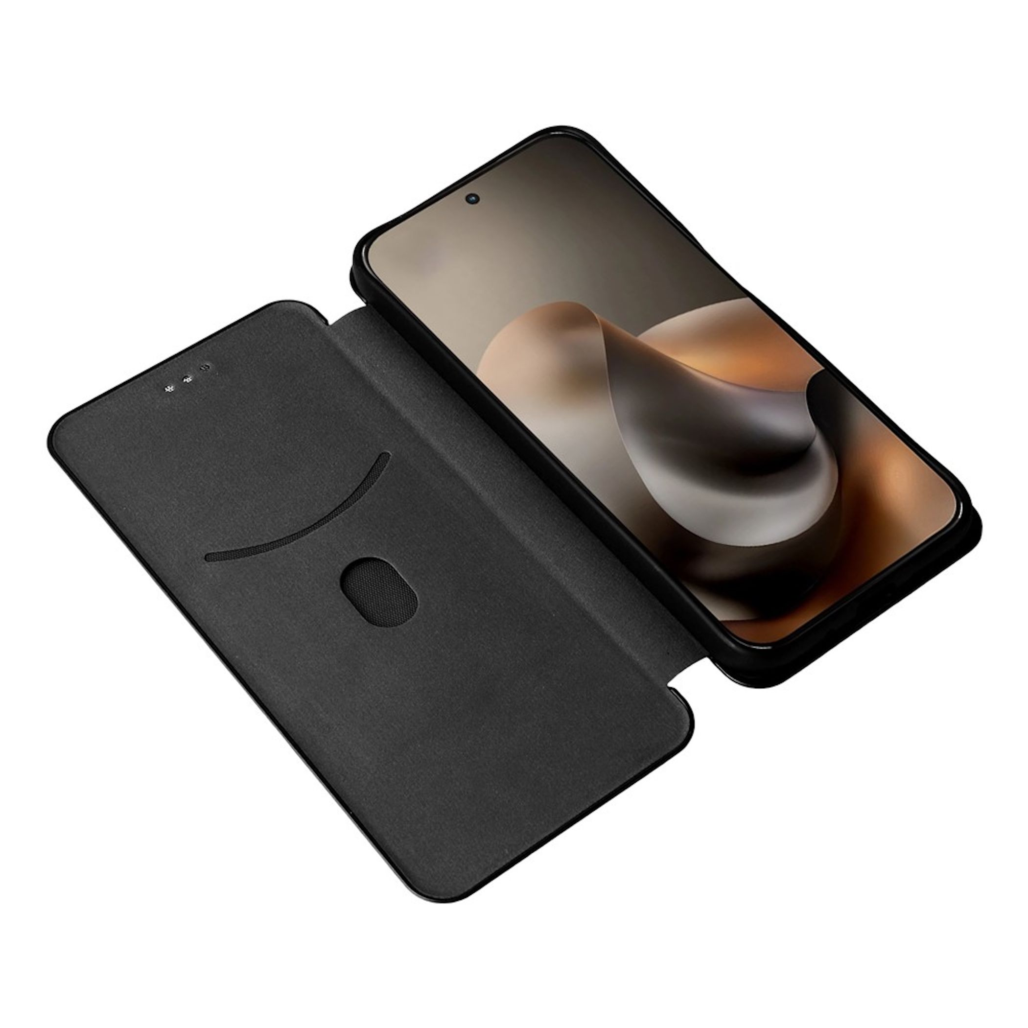 Ein schwarzes Smartphone mit geöffneter Klapphülle und einer geschwungenen abstrakten Grafik auf dem Display.